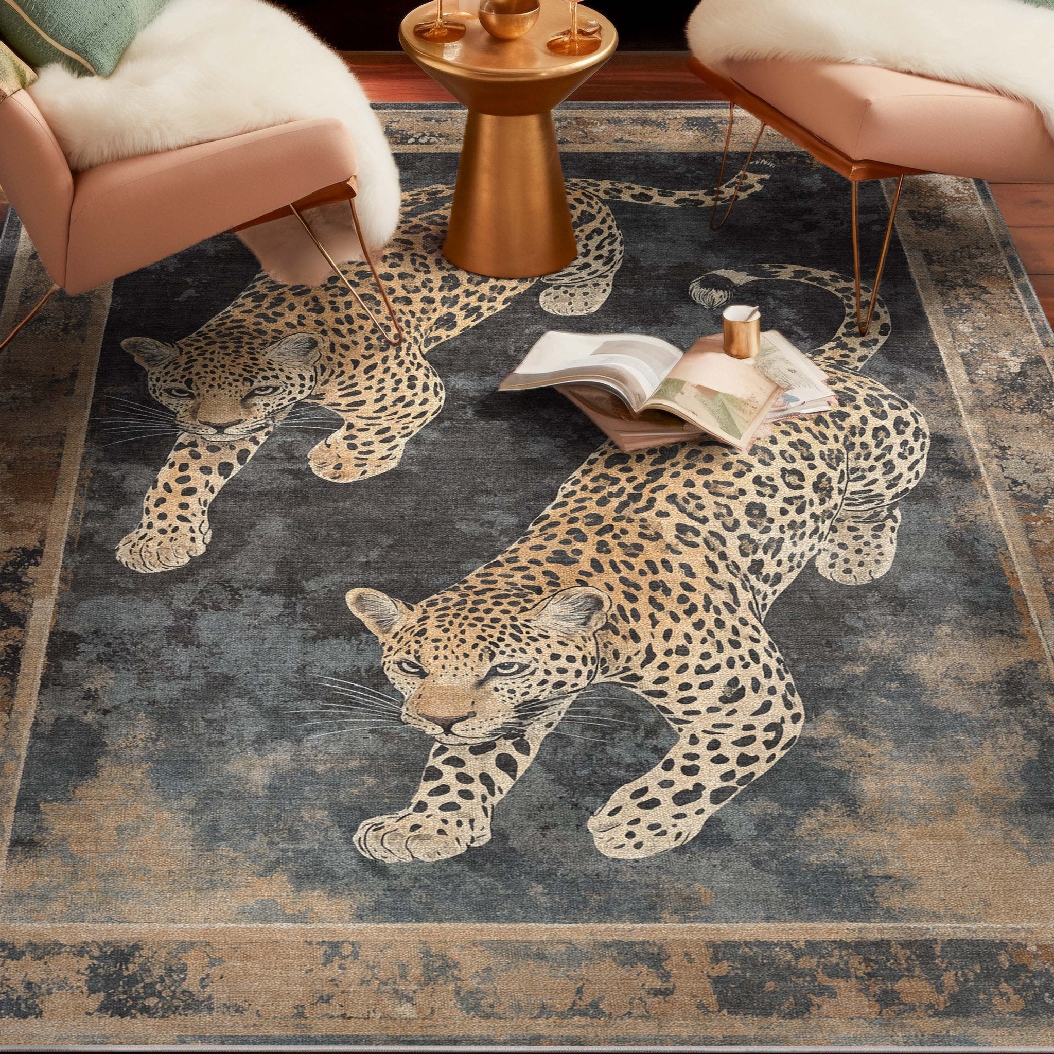 The Leopard’s Reverie Charcoal & Natural Rug in a styled seating area