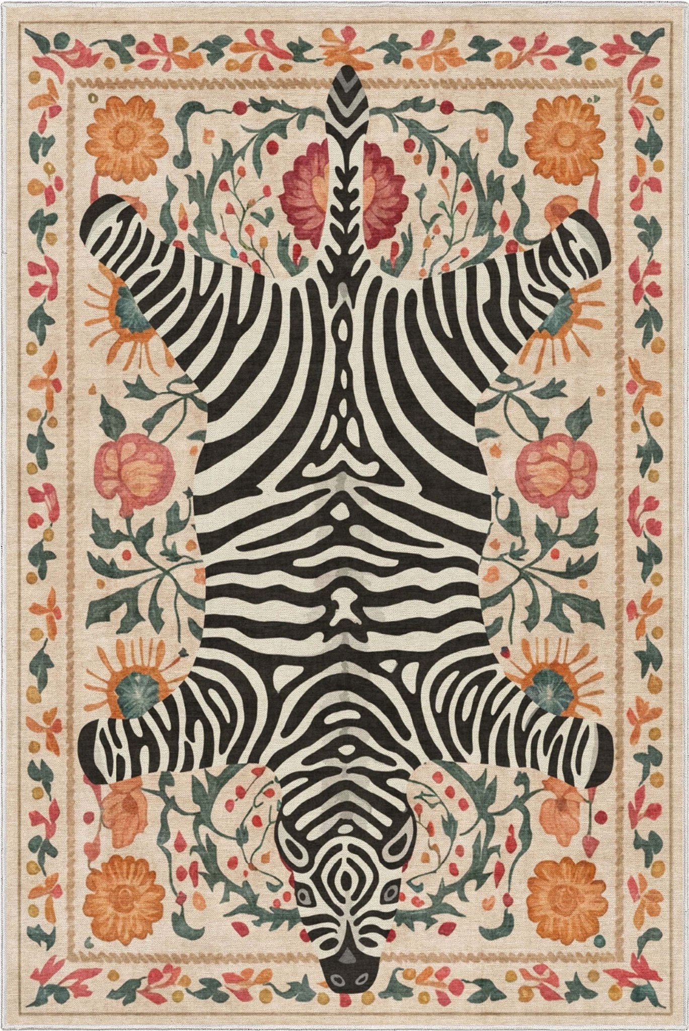 A siloed overhead of the Zebra's Haven Ivory Multi Rug Perfect for Living Room, Dining Room, Bedroom and Kitchen