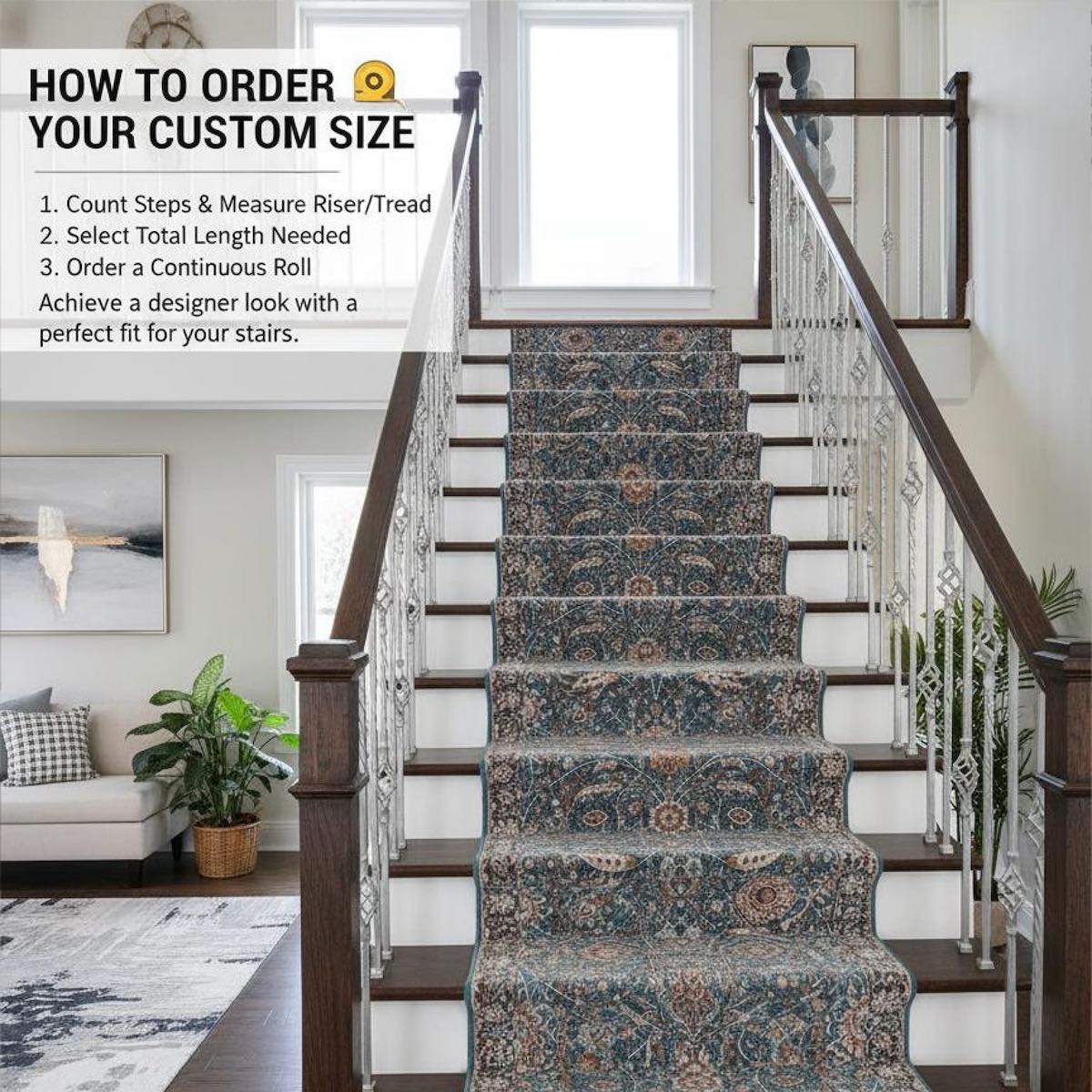 The Liana Vintage Persian Oriental Teal Custom Runner Rug by Well Woven flows up a bright, modern staircase, adding elegance, texture, and warmth against dark wood steps and crisp white railings.