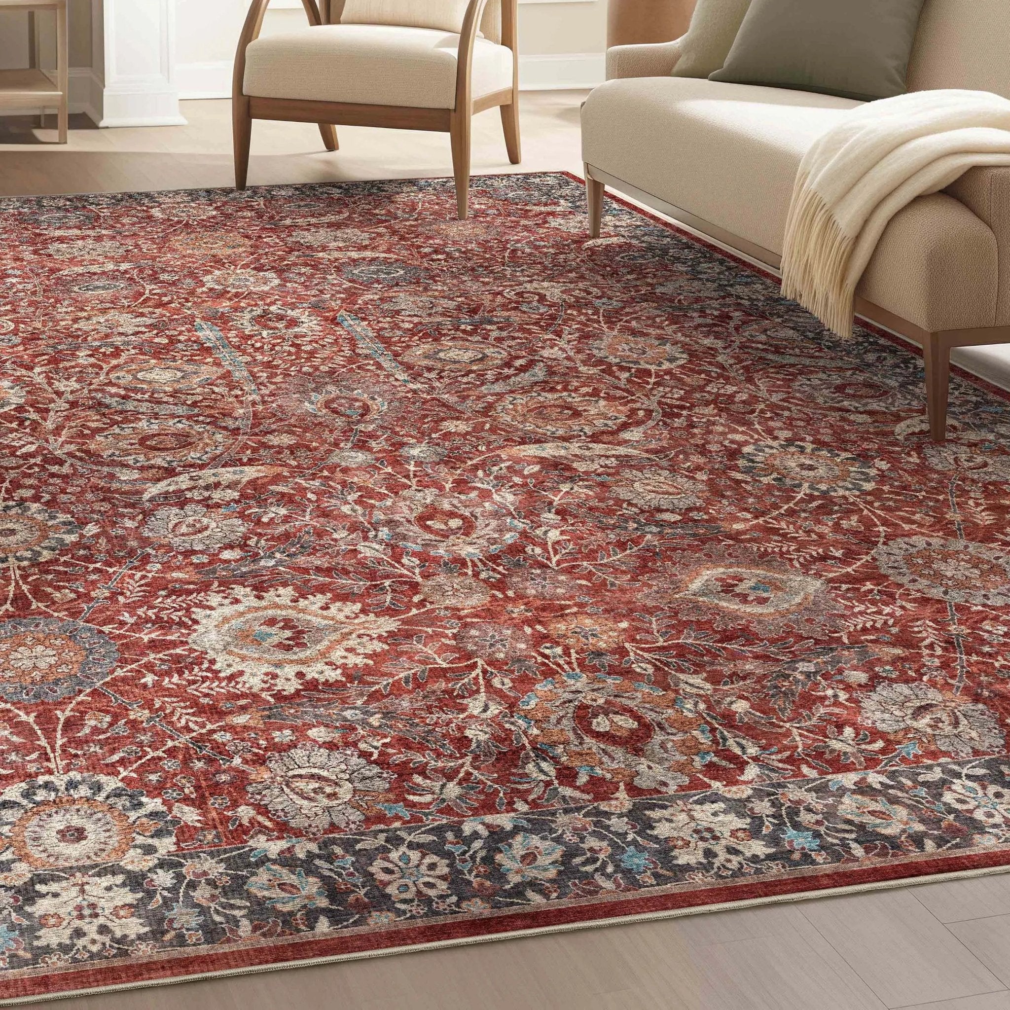 Asha Liana Vintage Oriental Red Washable Flat-Weave Rug W-AS-01C