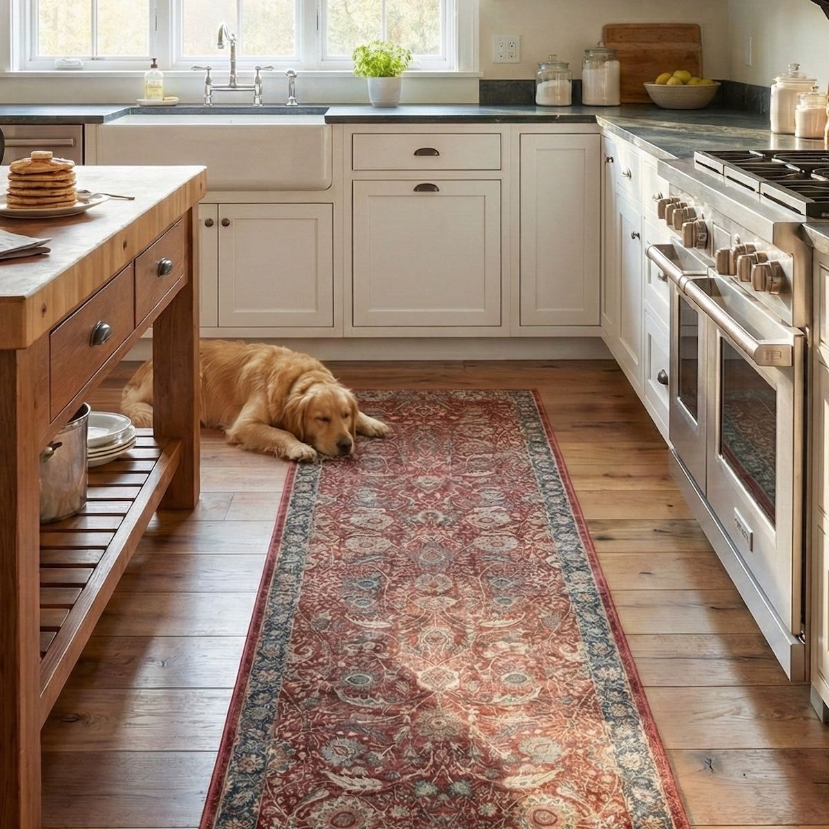 Liana Vintage Persian Oriental Red Custom Runner Rug by Well Woven in a kitchen, providing comfort underfoot and visual contrast against the wood floors and white cabinetry.