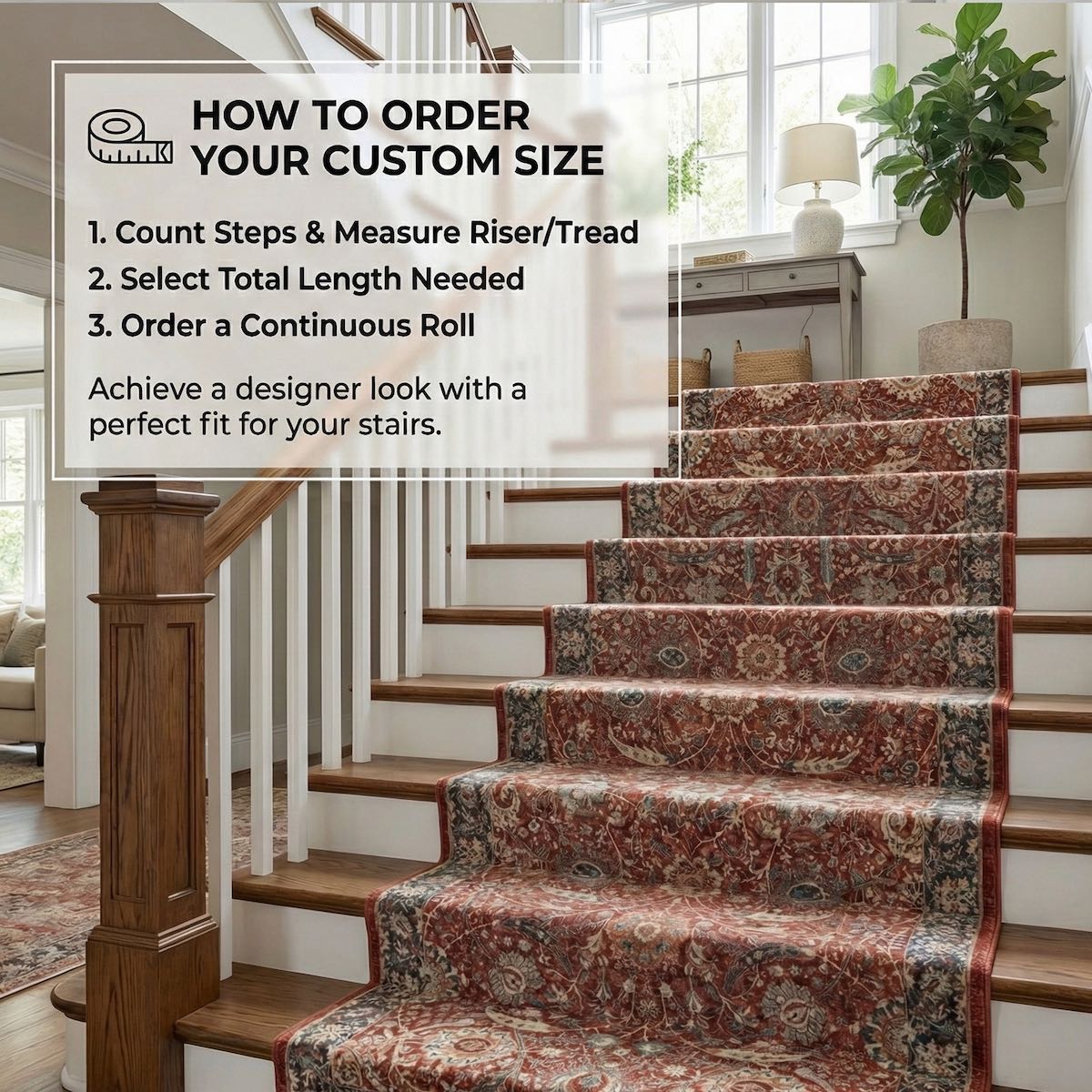 Liana Vintage Persian Oriental Red Custom Runner Rug by Well Woven, installed as a continuous stair runner, creating a tailored, custom-fit look that highlights the staircase.