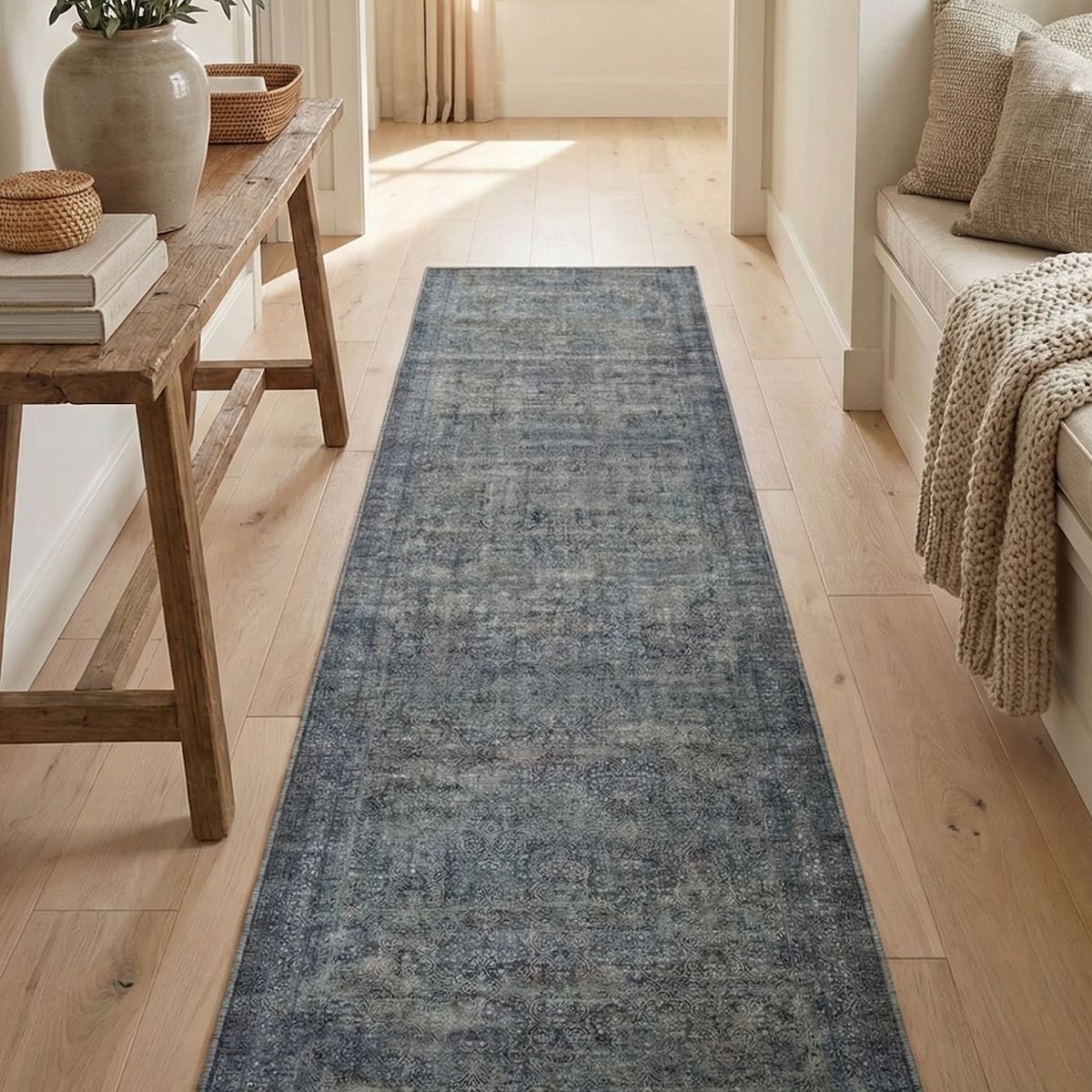 Juliette Vintage Persian Oriental Blue Custom Runner Rug by Well Woven anchors the hallway with subtle texture and color, bringing warmth and visual flow to a bright, airy space.