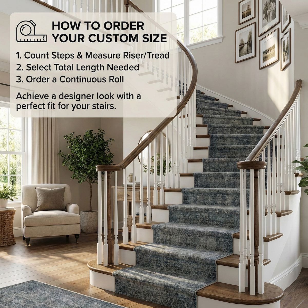 Juliette Vintage Persian Blue Custom Runner Rug by Well Woven complements wood and white cabinetry with comfort and style.