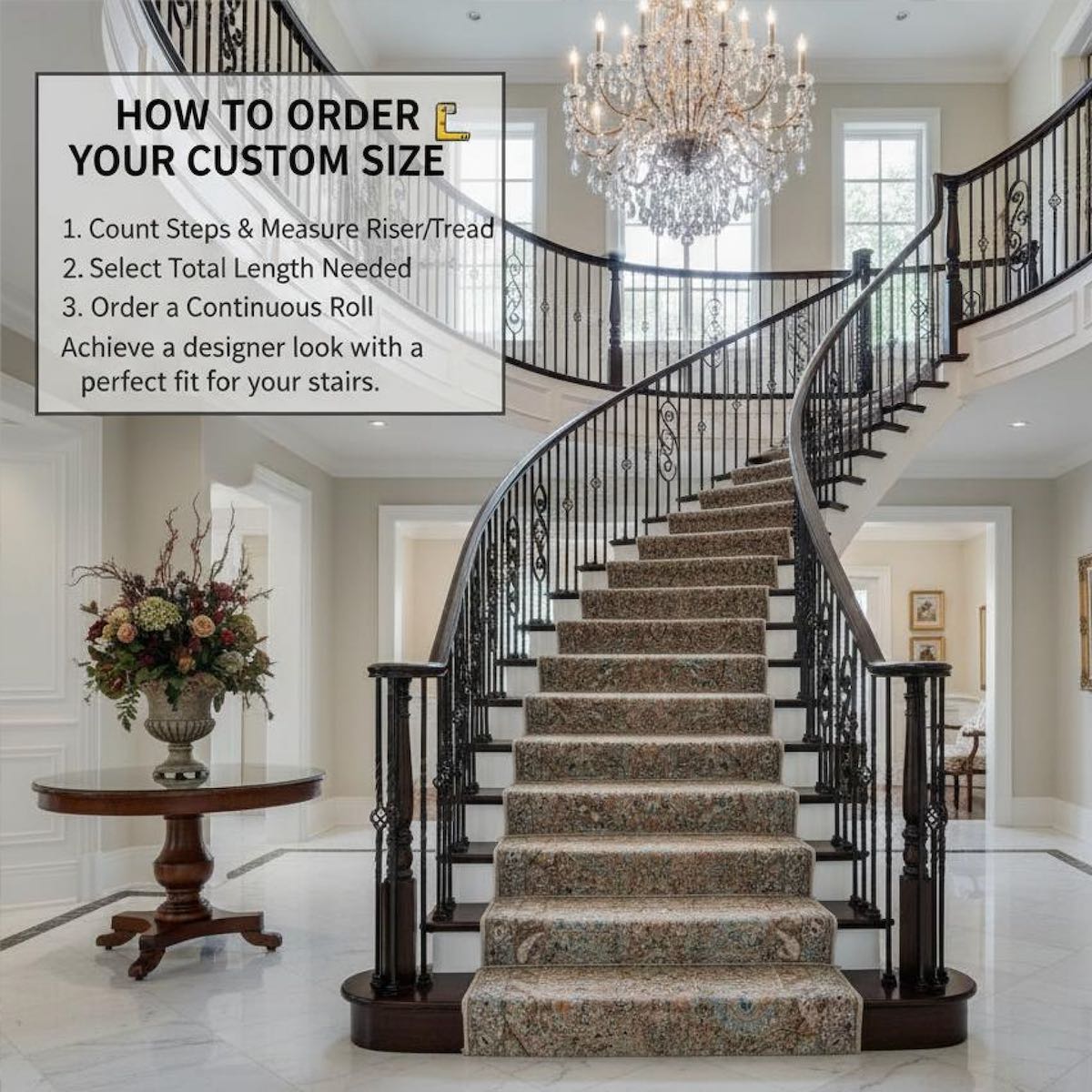 A grand staircase featuring the Emilia Vintage Persian Oriental Blue Custom Runner Rug by Well Woven for a classic, elegant look.