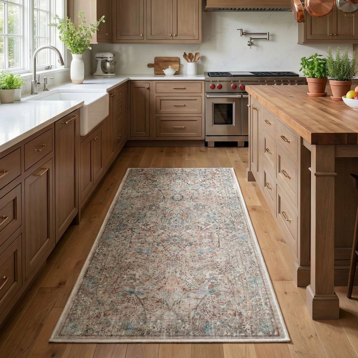 The Emilia Vintage Persian Oriental Ivory Custom Runner Rug by Well Woven adds a soft, classic touch to the warm, light-filled kitchen.
