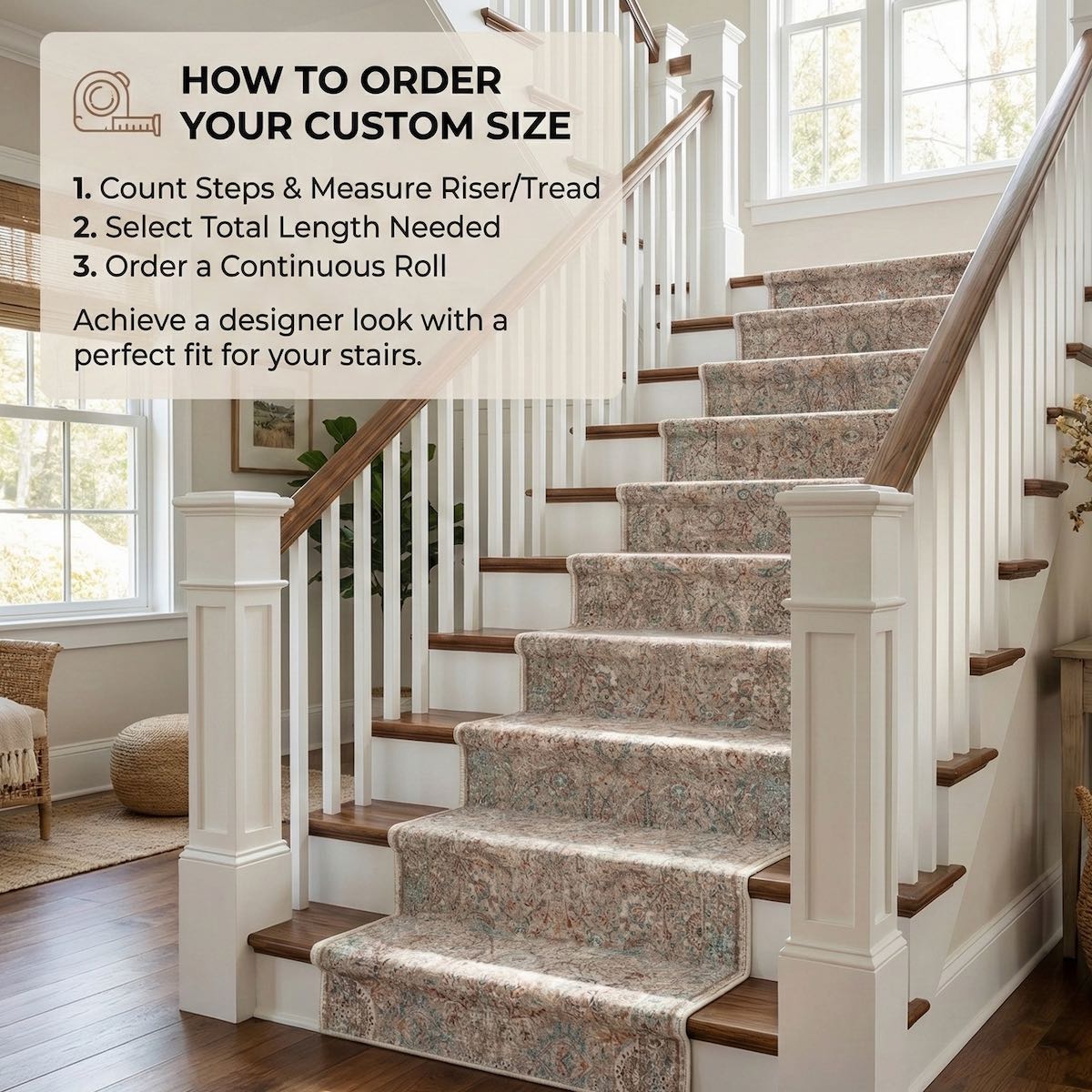 The Emilia Vintage Persian Oriental Ivory Custom Runner Rug by Well Woven creates a polished, custom look on the staircase while adding comfort and visual flow.