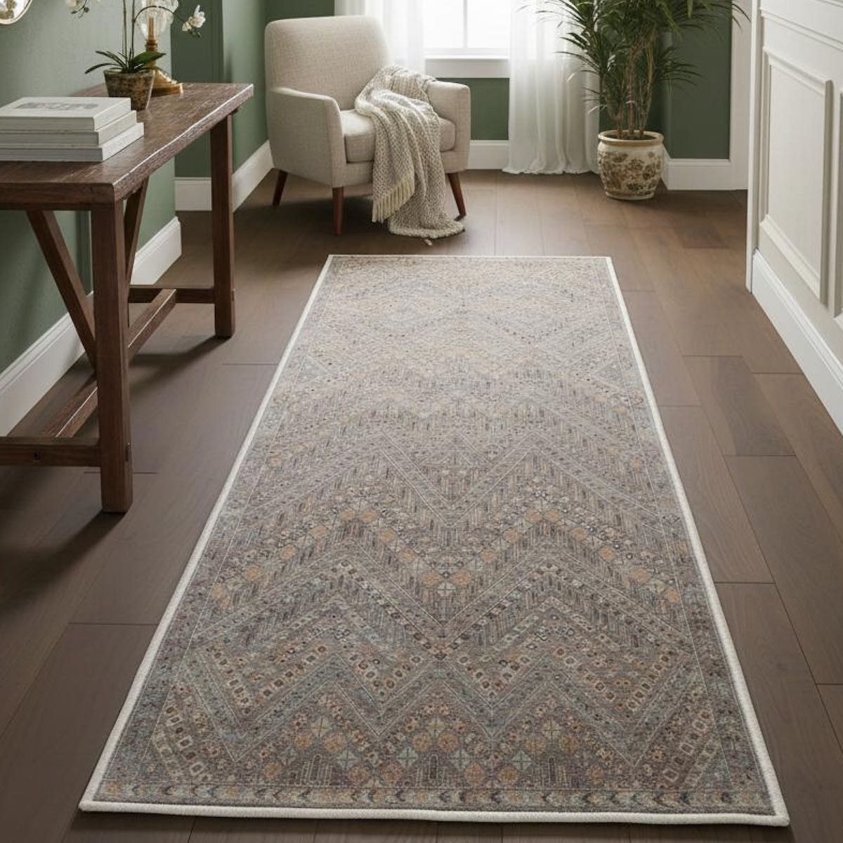 The Anya Vintage Tribal Grey Custom Runner Rug by Well Woven runs along the hallway, its vintage-inspired design and neutral grey tones grounding the space and complementing the hardwood floors.