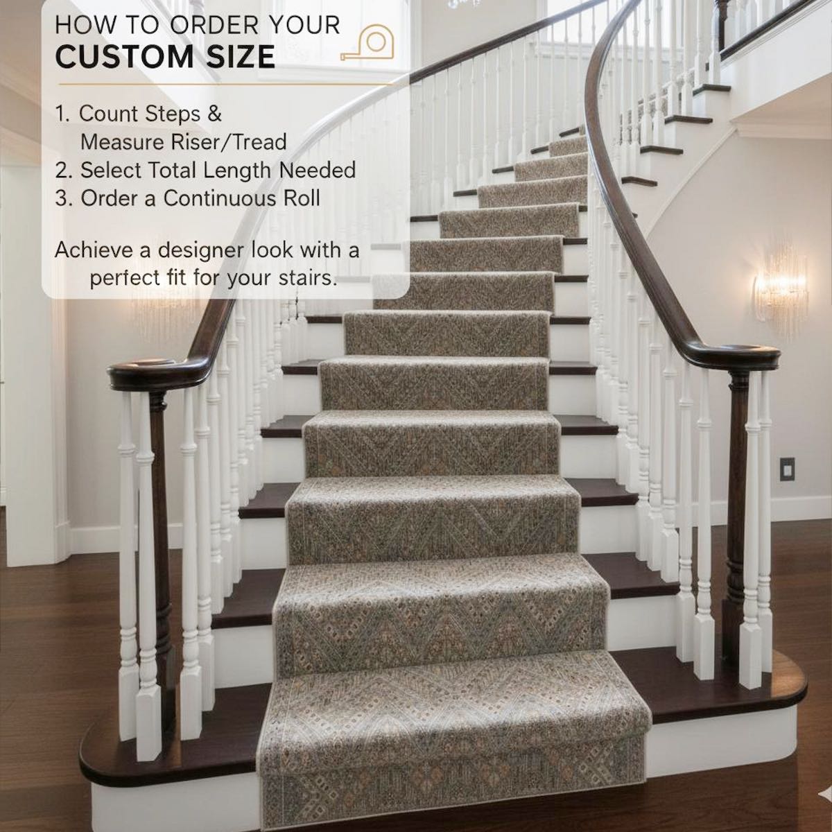 The Anya Vintage Tribal Grey Custom Runner Rug by Well Woven is tailored to the staircase, showcasing its muted tribal pattern while adding softness and a polished, custom-fit look.