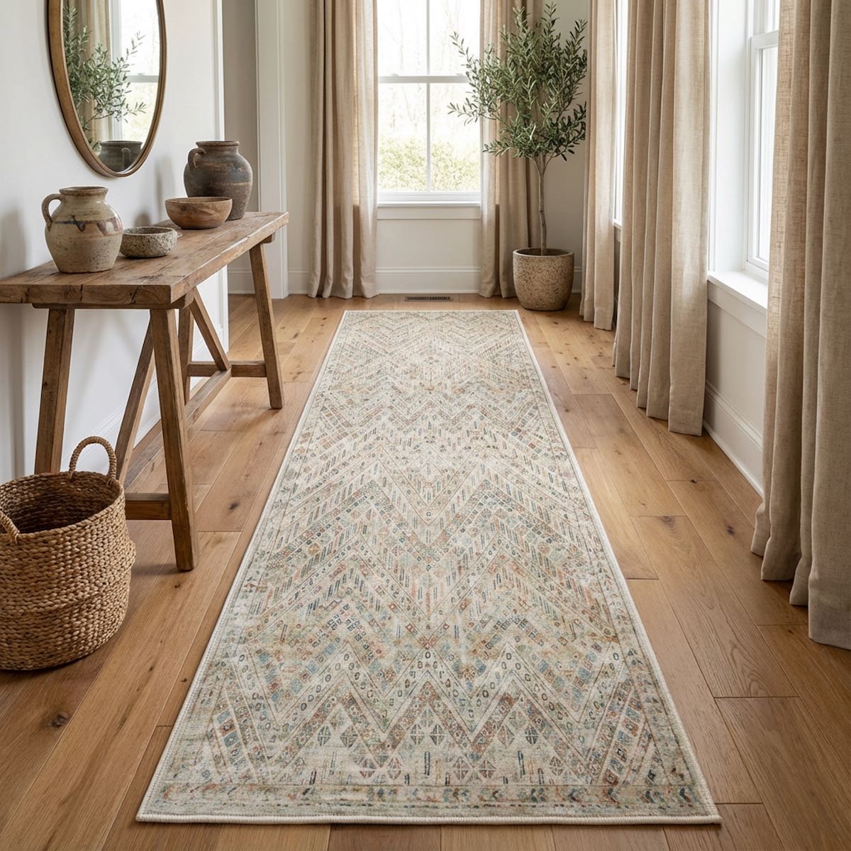 Laid through a bright hallway, the Anya Vintage Tribal Ivory Custom Runner Rug by Well Woven adds subtle pattern and warmth while blending seamlessly with natural wood floors and neutral decor.