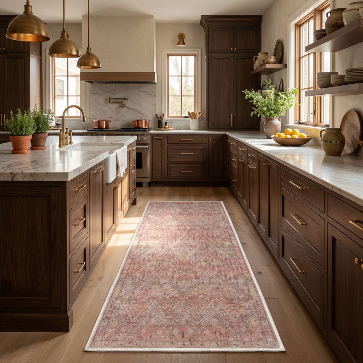 Running through the kitchen, the Anya Vintage Tribal Red Custom Runner Rug by Well Woven adds rich color and texture, softening the space and tying together the cabinetry and finishes.