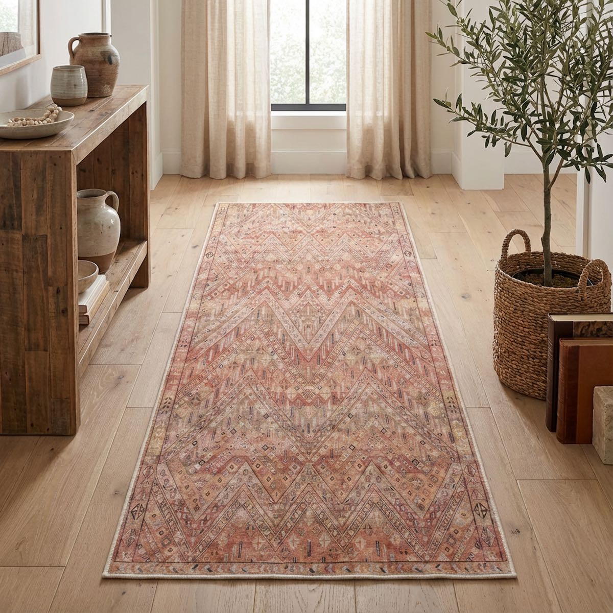 Placed in a bright hallway, the Anya Vintage Tribal Red Custom Runner Rug by Well Woven brings warmth and visual interest while complementing natural wood floors and neutral decor.