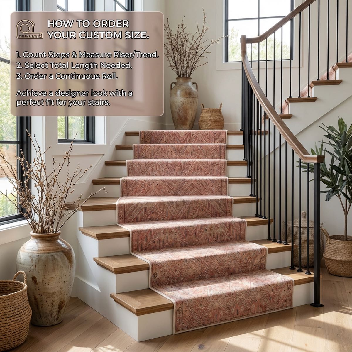 The Anya Vintage Tribal Red Custom Runner Rug by Well Woven is tailored to the staircase, showcasing warm red tones and a vintage tribal pattern that adds character and a designer finish.