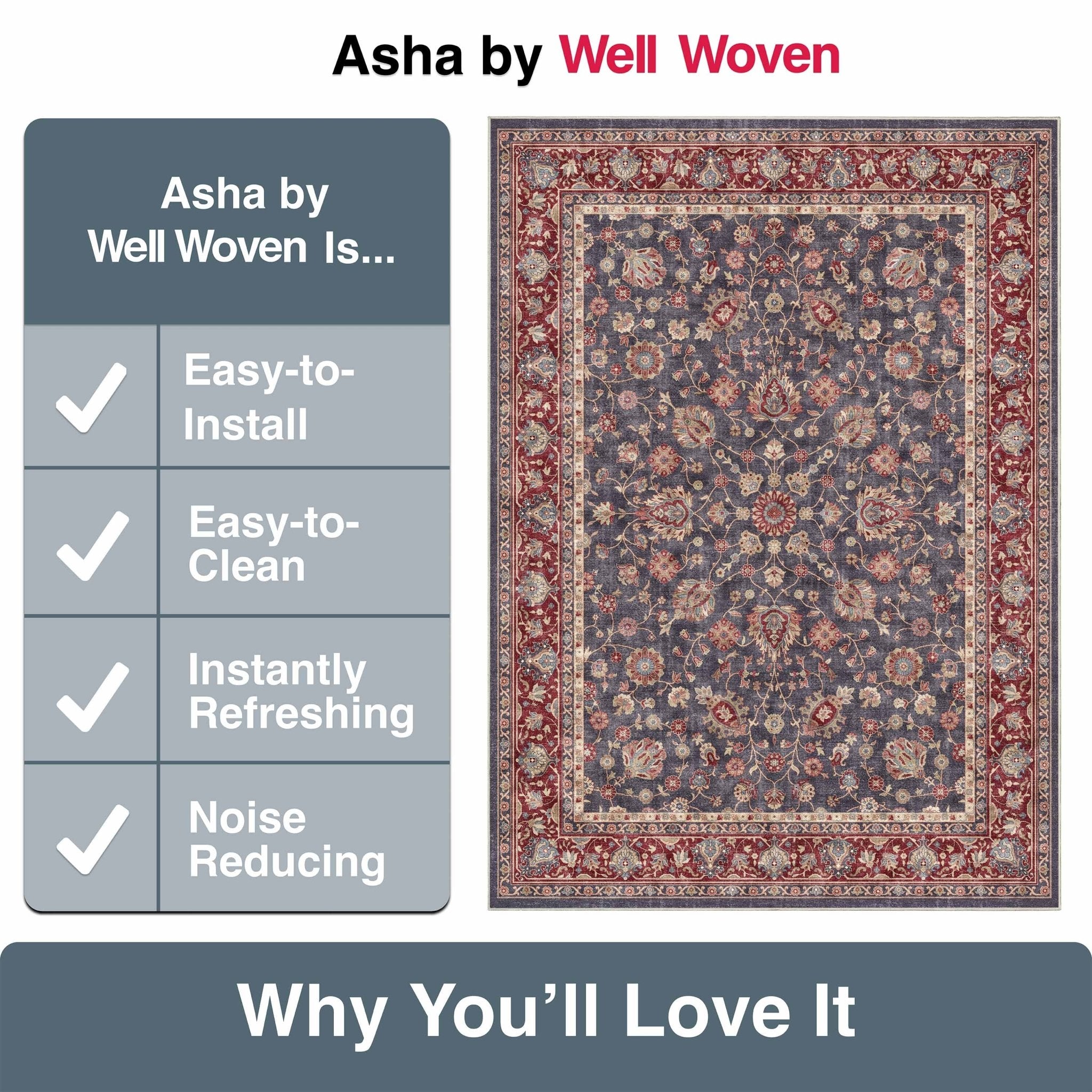 Navy Blue - Rome Vintage Oriental Floral Flat-Weave Rug - Well Woven