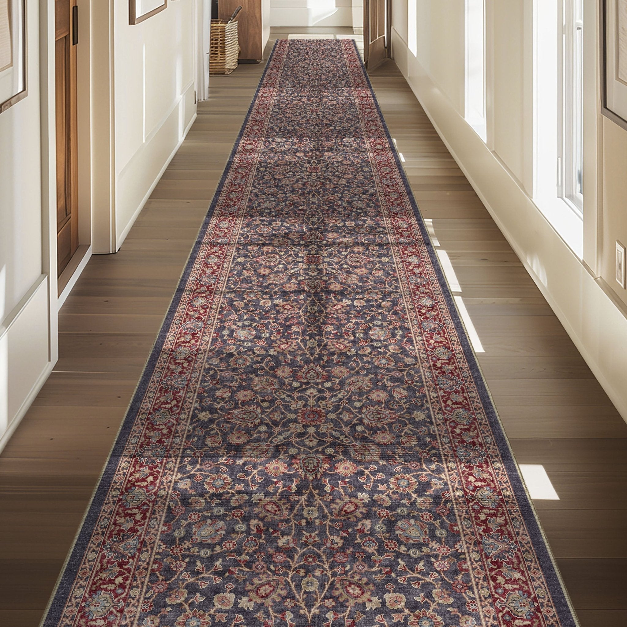 Custom Size Hallway & Stair Runner Rome Vintage Oriental Floral Navy Blue Red Choose Your Width x Choose Your Runner Length Well Woven