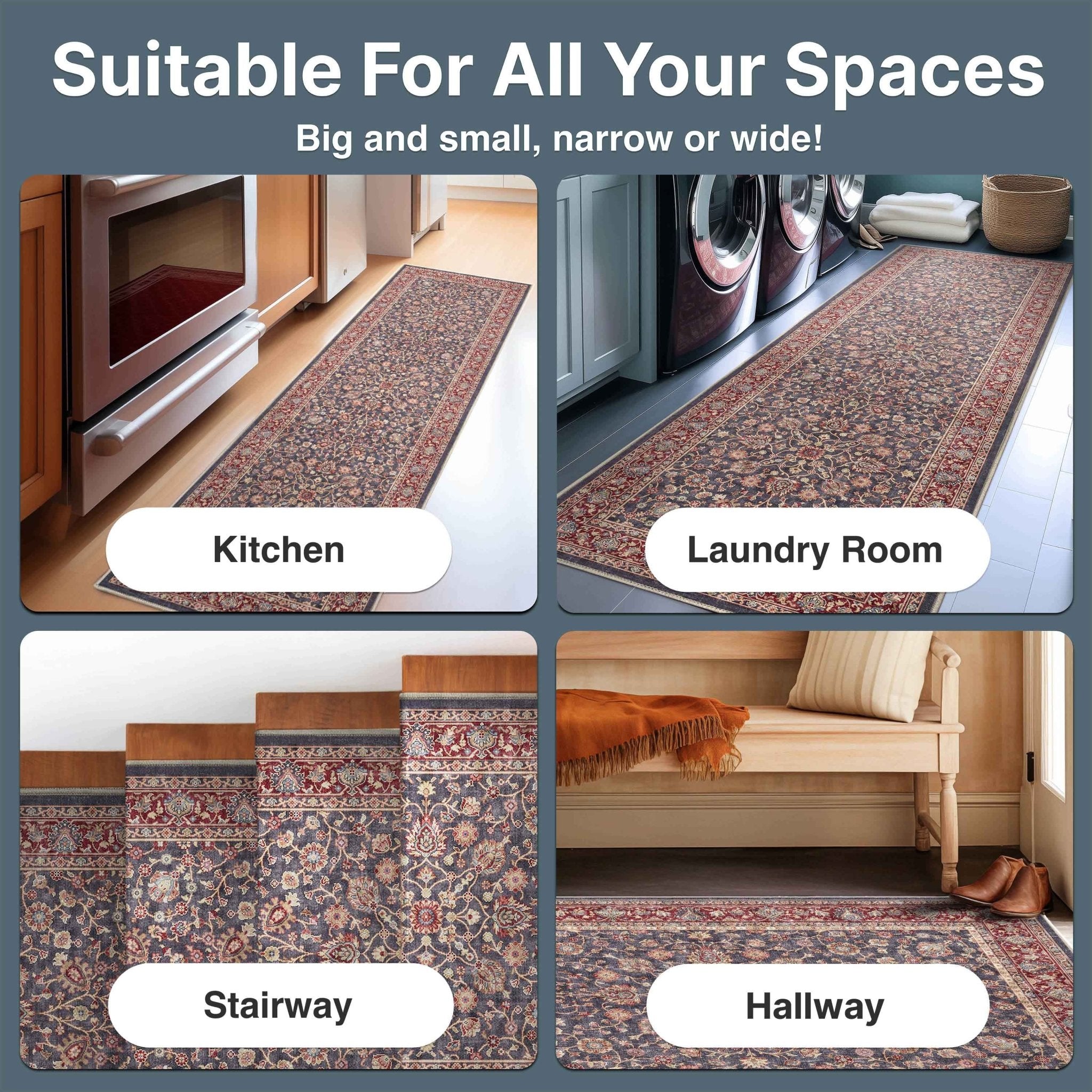 Custom Size Hallway & Stair Runner Rome Vintage Oriental Floral Navy Blue Red Choose Your Width x Choose Your Runner Length Well Woven