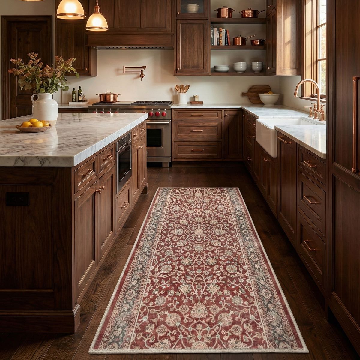 Traditional floral kitchen runner rug in classic kitchen. The runner is Asha Rome Red from Well Woven.