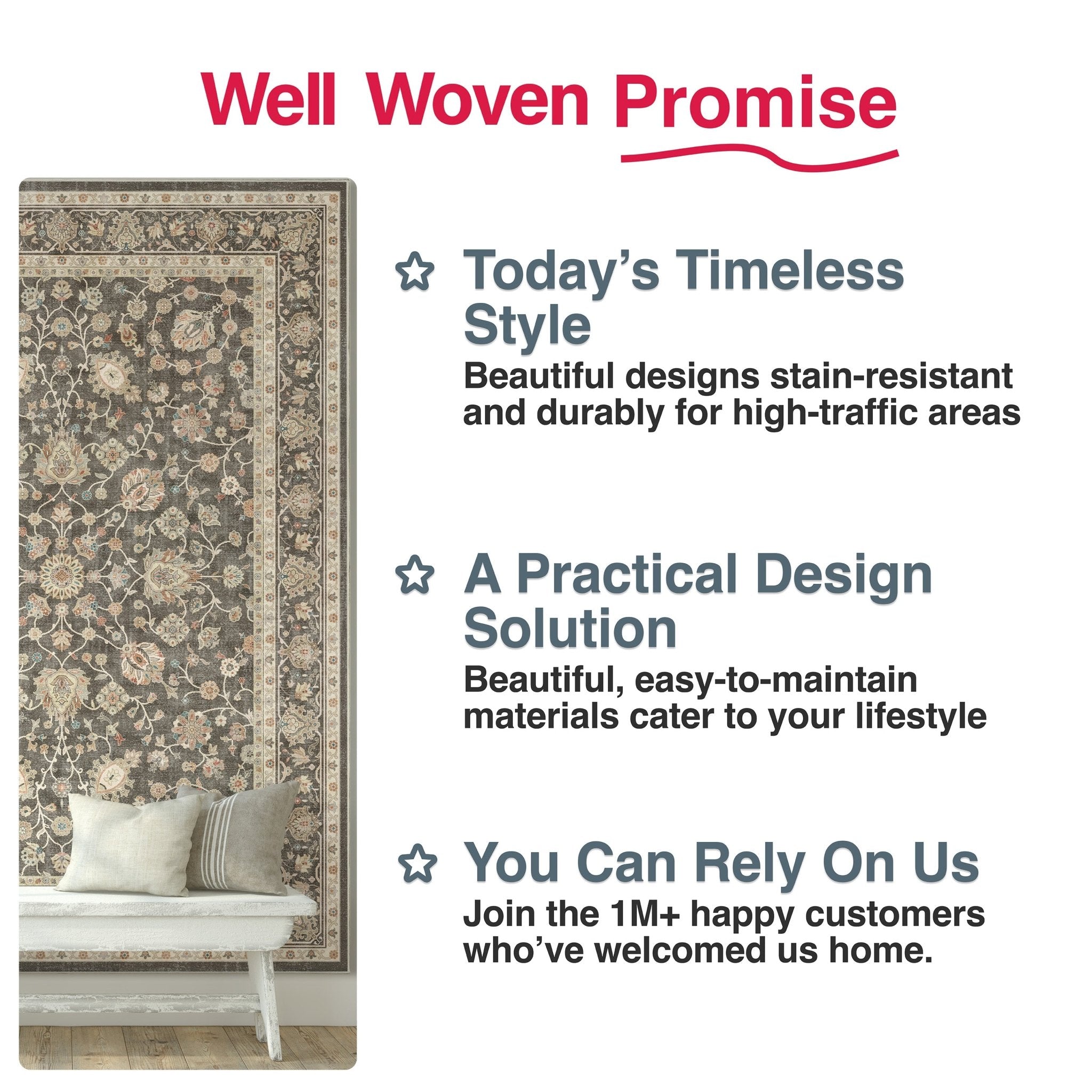 Charcoal Brown - Rome Vintage Oriental Floral Flat-Weave Rug - Well Woven