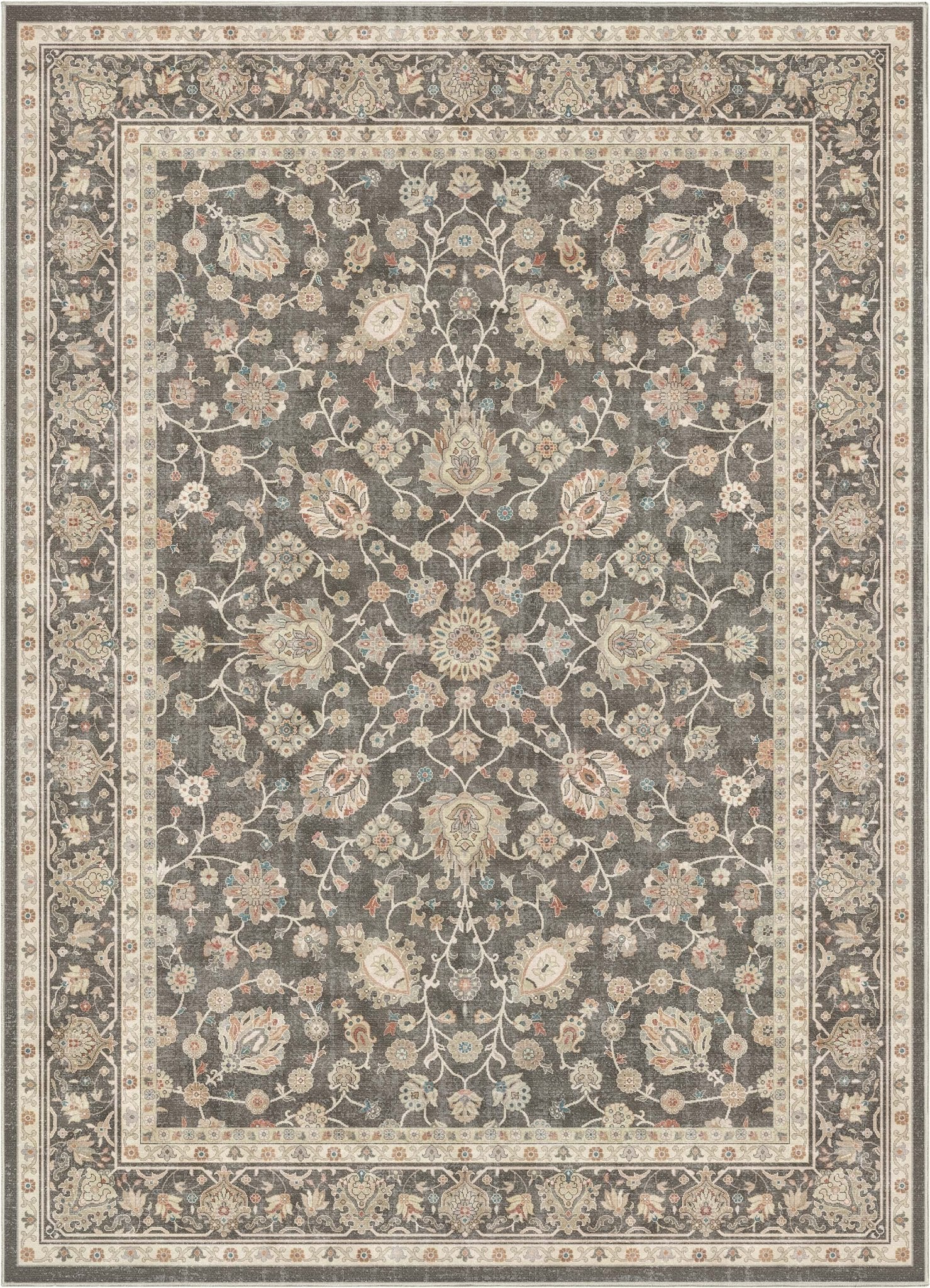 Charcoal Brown - Rome Vintage Oriental Floral Flat-Weave Rug - Well Woven