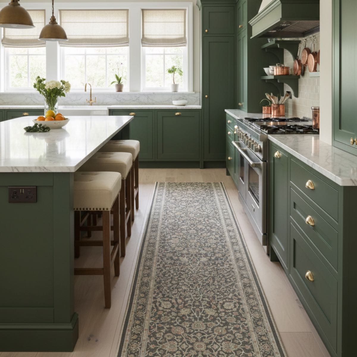 Well Woven Rome Vintage Oriental Floral runner rug in pastel charcoal brown, custom width and runner length, placed in a modern traditional kitchen for added warmth and style.