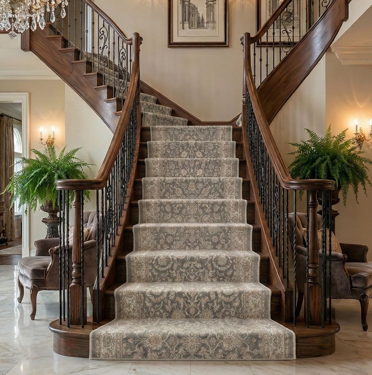 Well Woven Rome Vintage Oriental Floral stair runner rug in pastel charcoal brown, custom width and runner length, adding timeless style and softness to a traditional staircase.