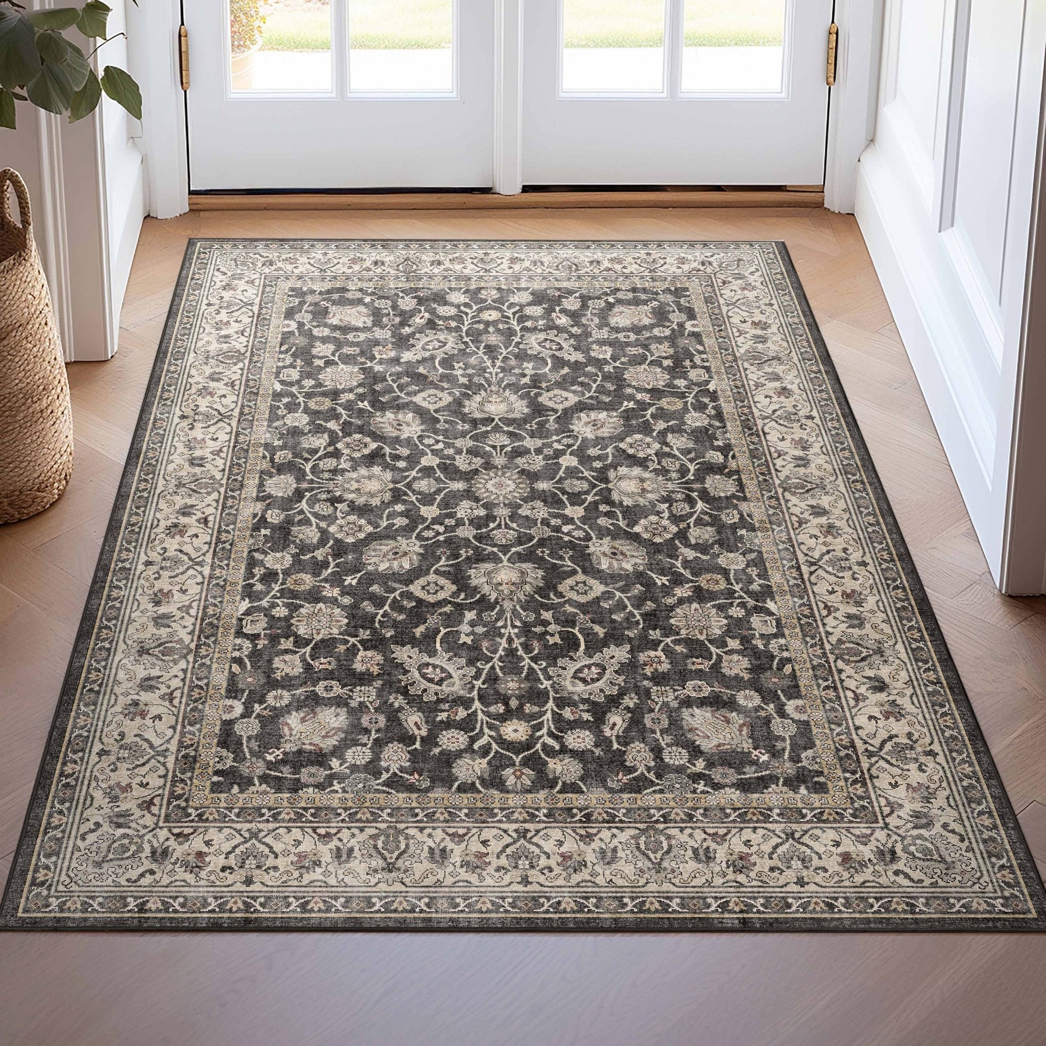 Black - Rome Vintage Oriental Floral Flat-Weave Rug - Well Woven