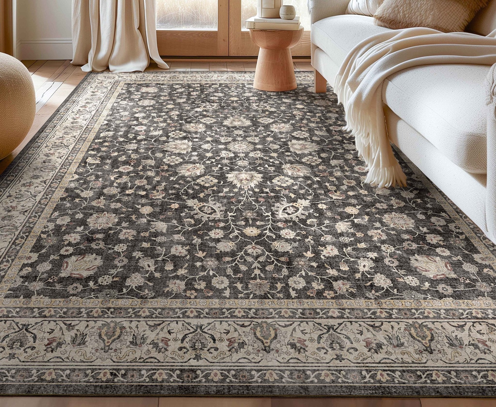 Black - Rome Vintage Oriental Floral Flat-Weave Rug - Well Woven