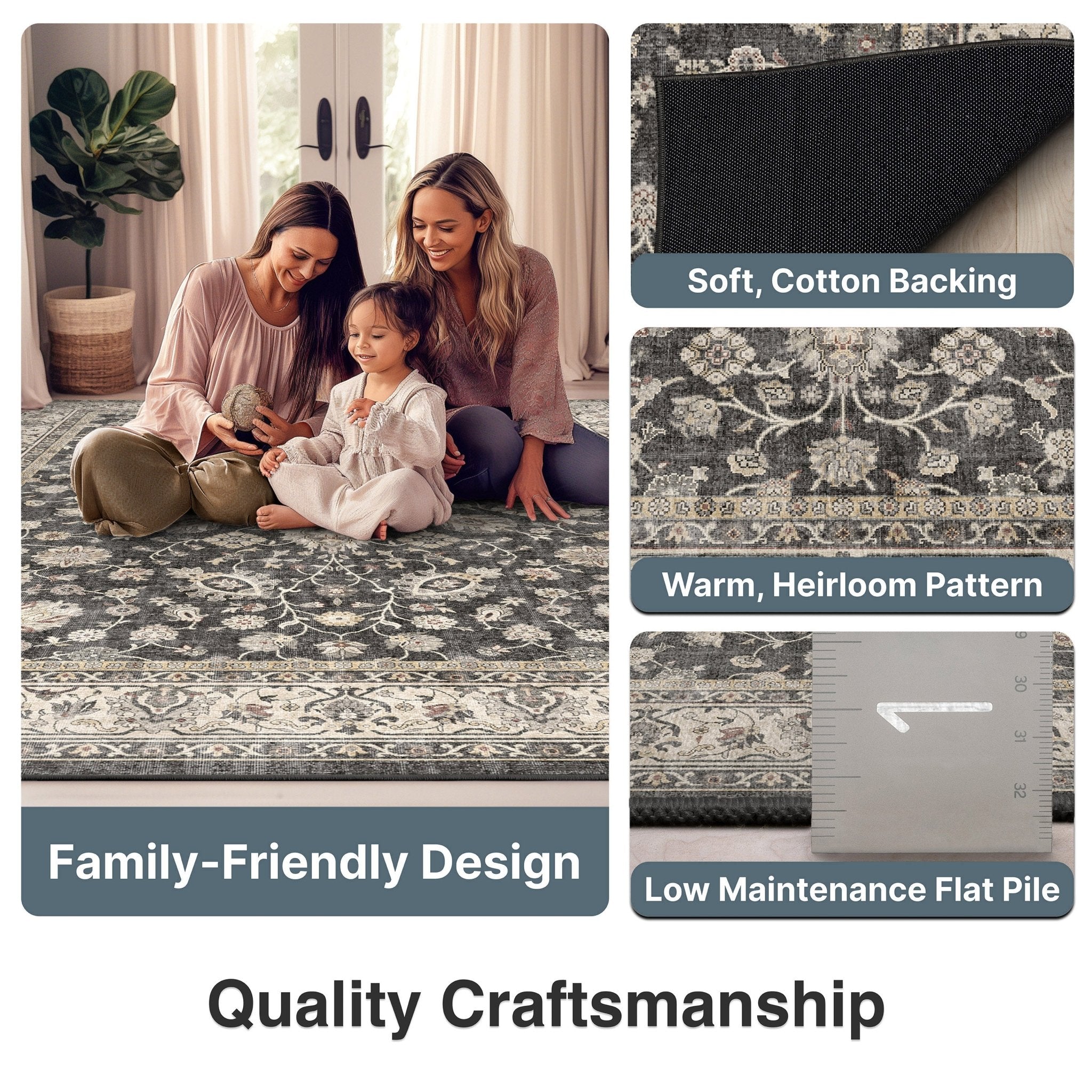 Black - Rome Vintage Oriental Floral Flat-Weave Rug - Well Woven