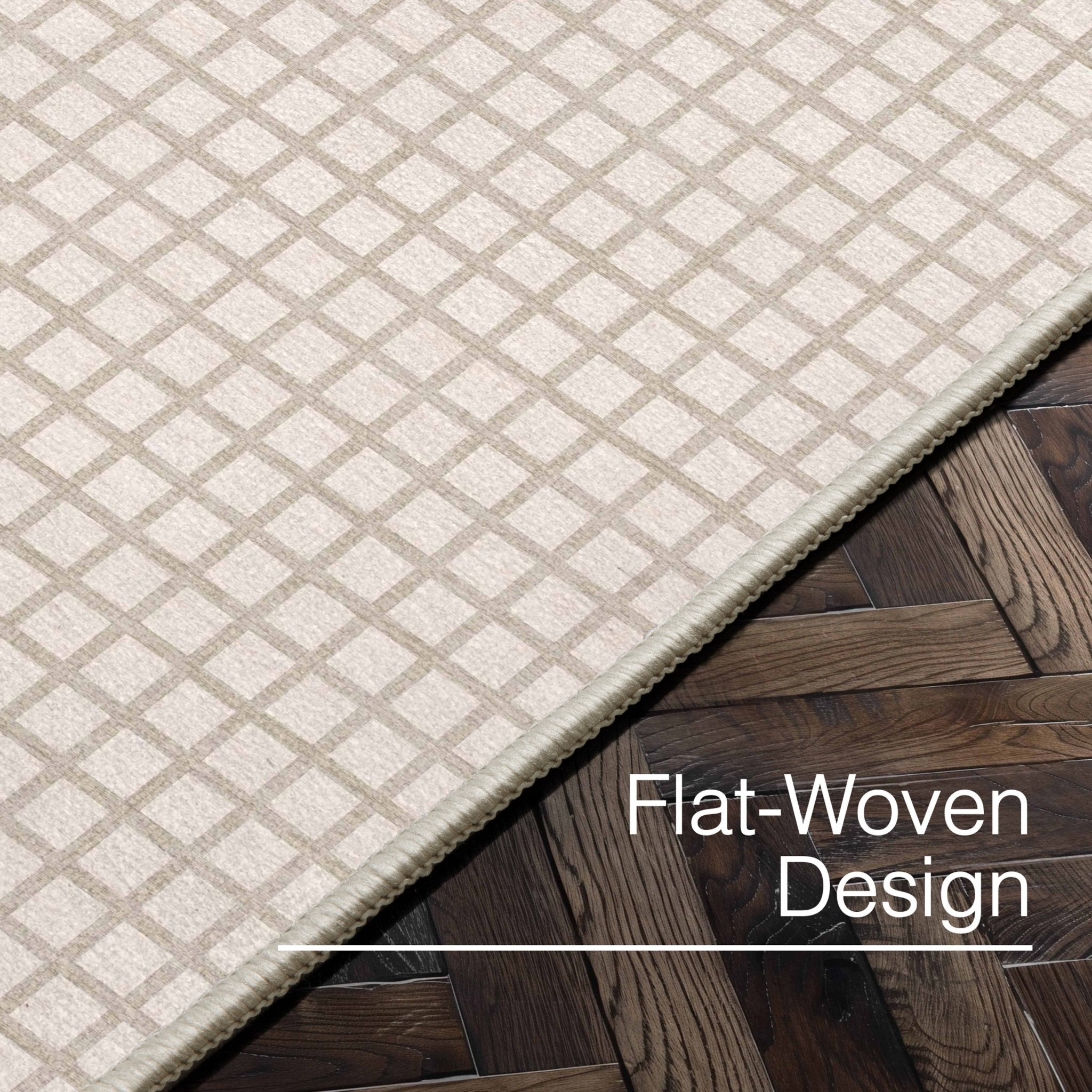 Ulfred Custom Rug - Monochrome Grid , Low Pile, Easy  Clean, Personalized Sizes - Well Woven - detail view of a cream-colored rug on a hardwood floor, labeled “Flat-Woven Design” to highlight its low-profile construction.