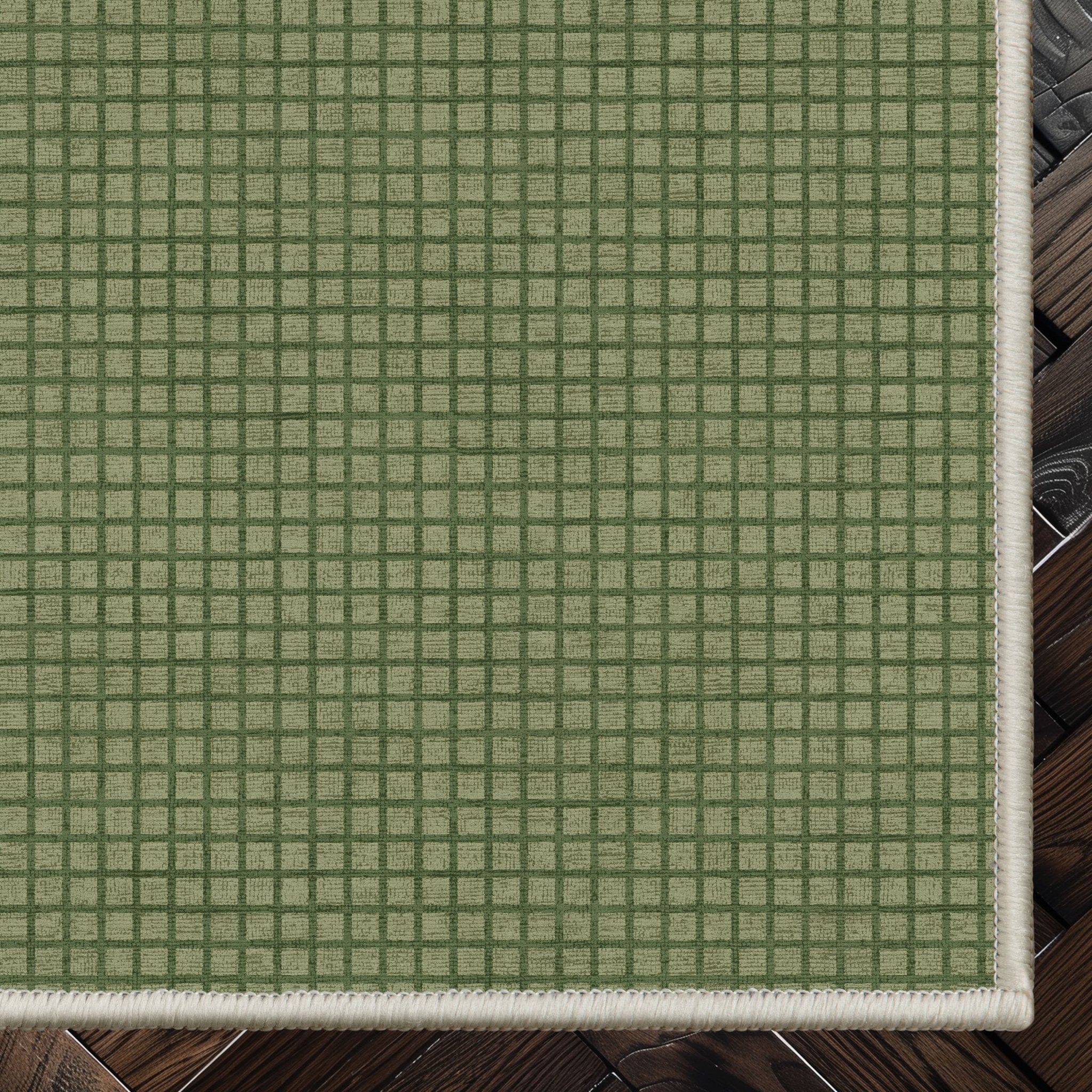 Ulfred Custom Rug - Monochrome Grid , Low Pile, Easy  Clean, Personalized Sizes - Well Woven - green rug corner on a dark wood floor