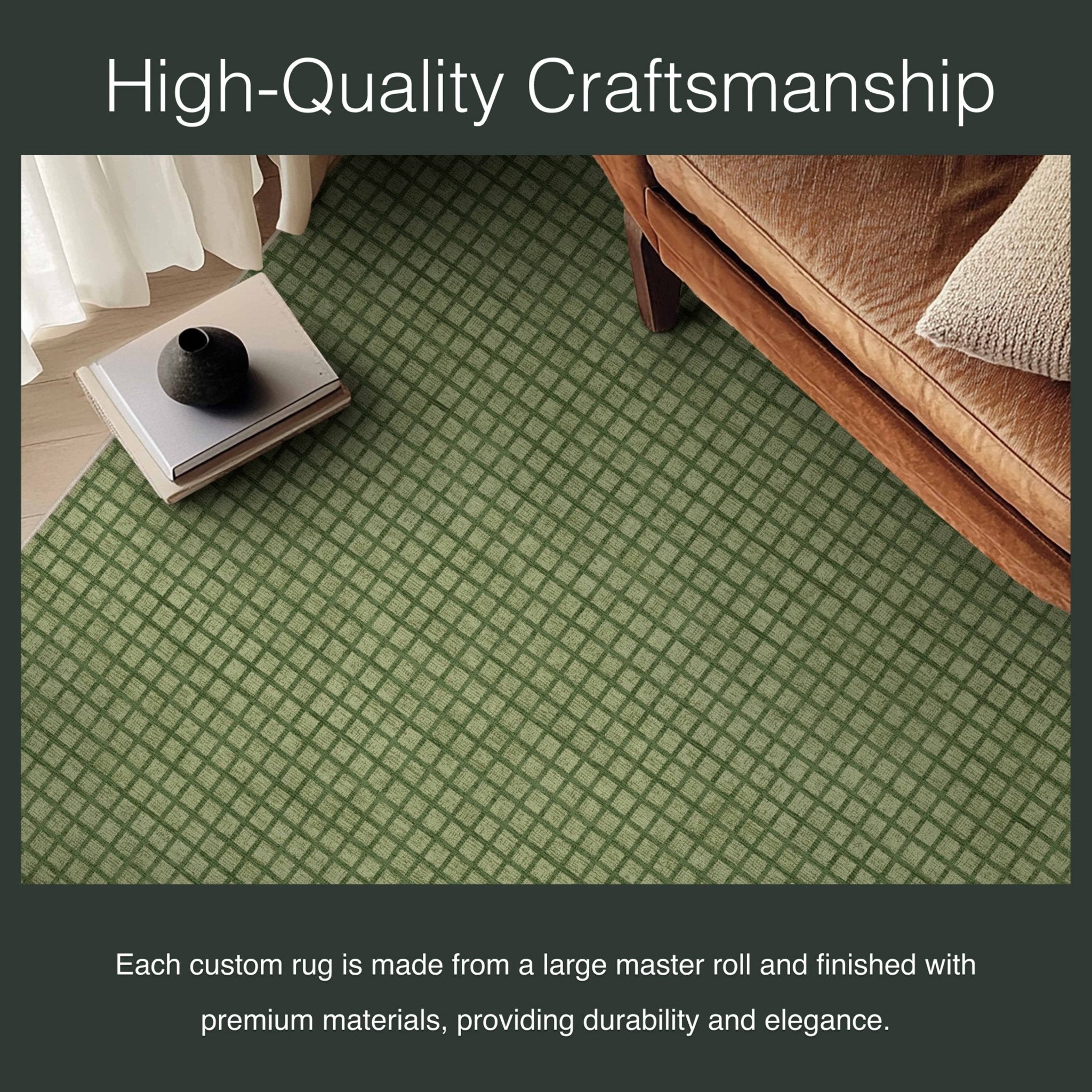 Ulfred Custom Rug - Monochrome Grid , Low Pile, Easy  Clean, Personalized Sizes - Well Woven - Close-up of a green rug with tight weaving, styled under a coffee table, featuring the text: “High-Quality Craftsmanship.”
