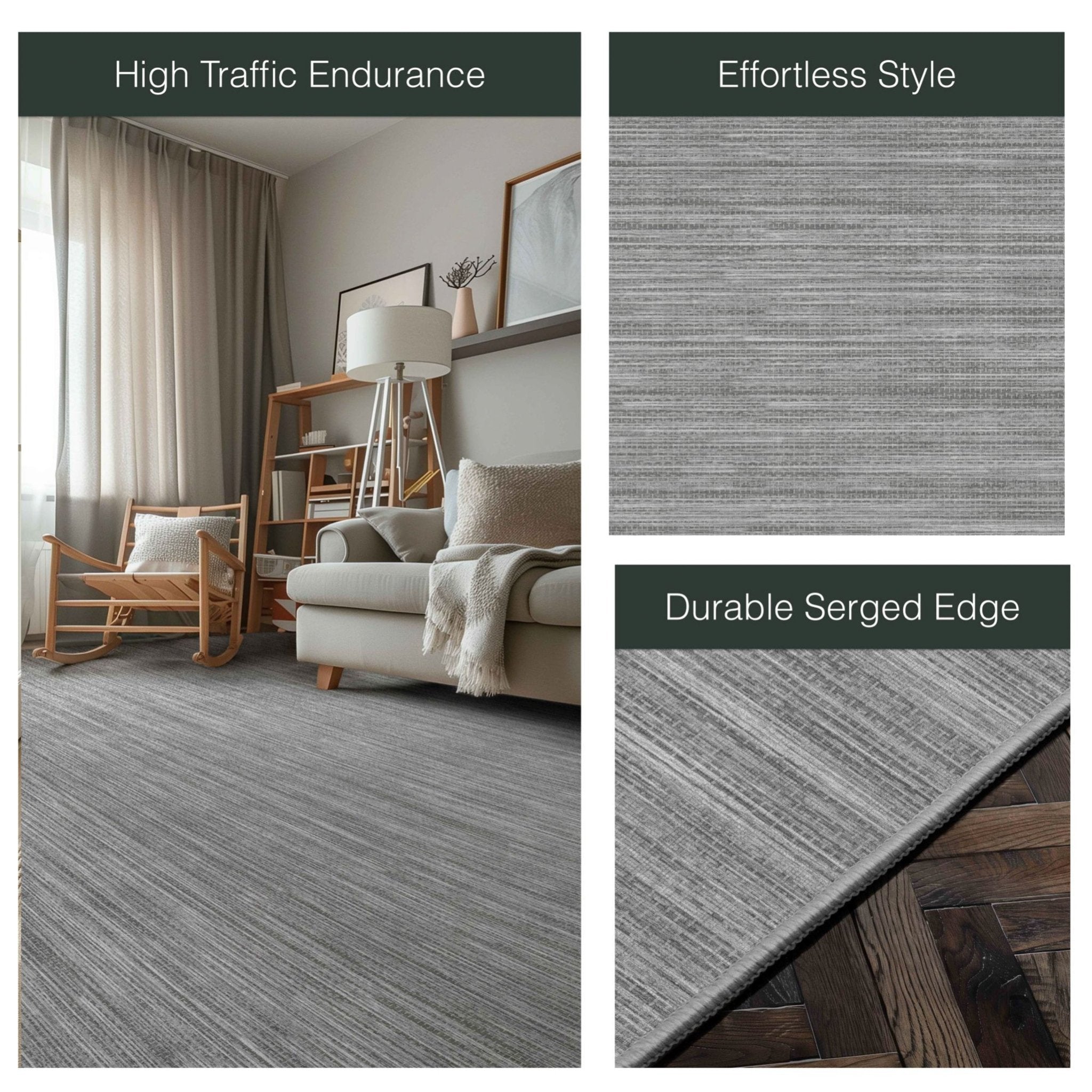 Edwin Custom Rug - Monochrome Striation , Flat Pile, Easy Clean, Customizable for Your Space - Well Woven - Split image with the rug styled in a neutral living room and zoomed-in corner labeled “Durable Serge Edge.”