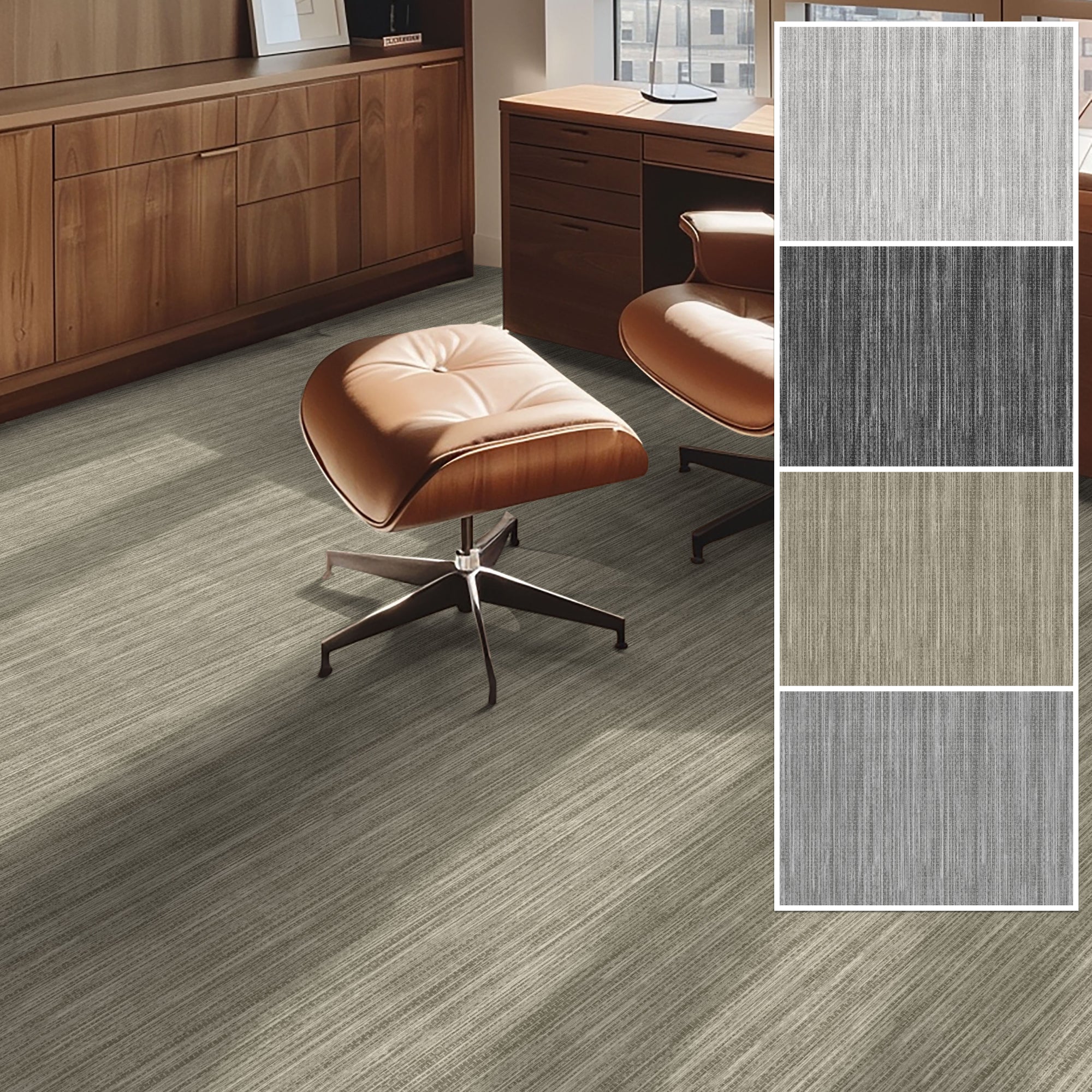 Edwin Custom Rug - Monochrome Striation , Flat Pile, Easy Clean, Customizable for Your Space - Well Woven - Room scene featuring a beige flat-woven rug in a home office with color swatches shown on the right.