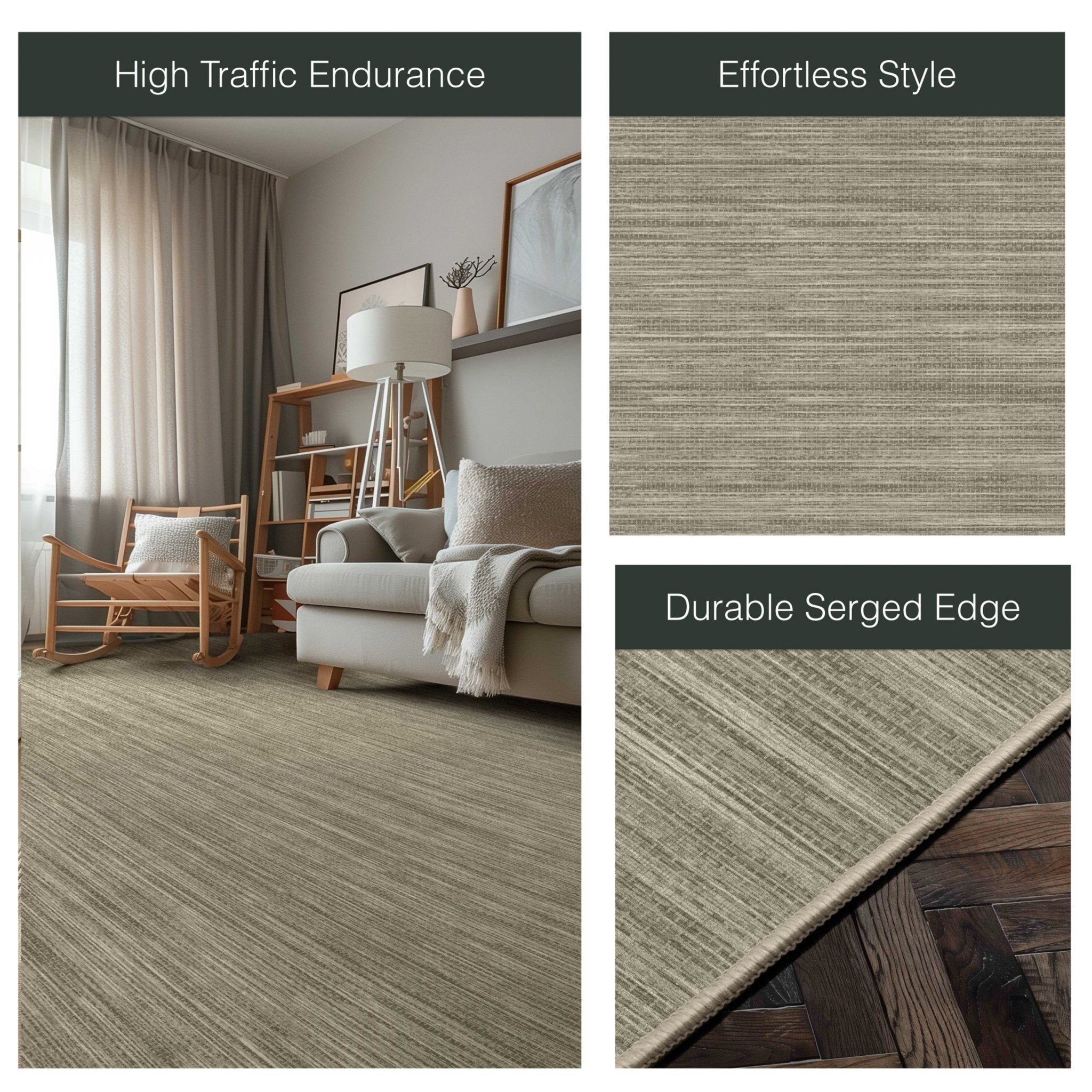 Edwin Custom Rug - Monochrome Striation , Flat Pile, Easy  Clean, Customizable for Your Space - Well Woven - Split image with the rug styled in a neutral living room and zoomed-in corner labeled “Durable Serge Edge.”