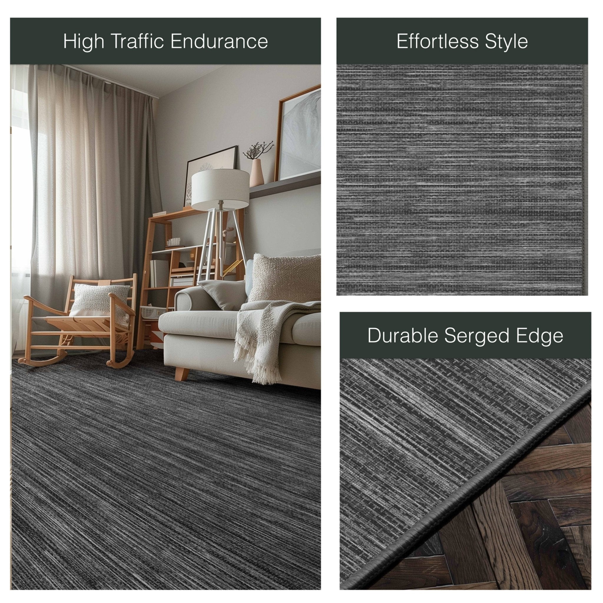 Edwin Custom Rug - Monochrome Striation , Flat Pile, Easy  Clean, Customizable for Your Space - Well Woven - Split image with the rug styled in a neutral living room and zoomed-in corner labeled “Durable Serge Edge.”