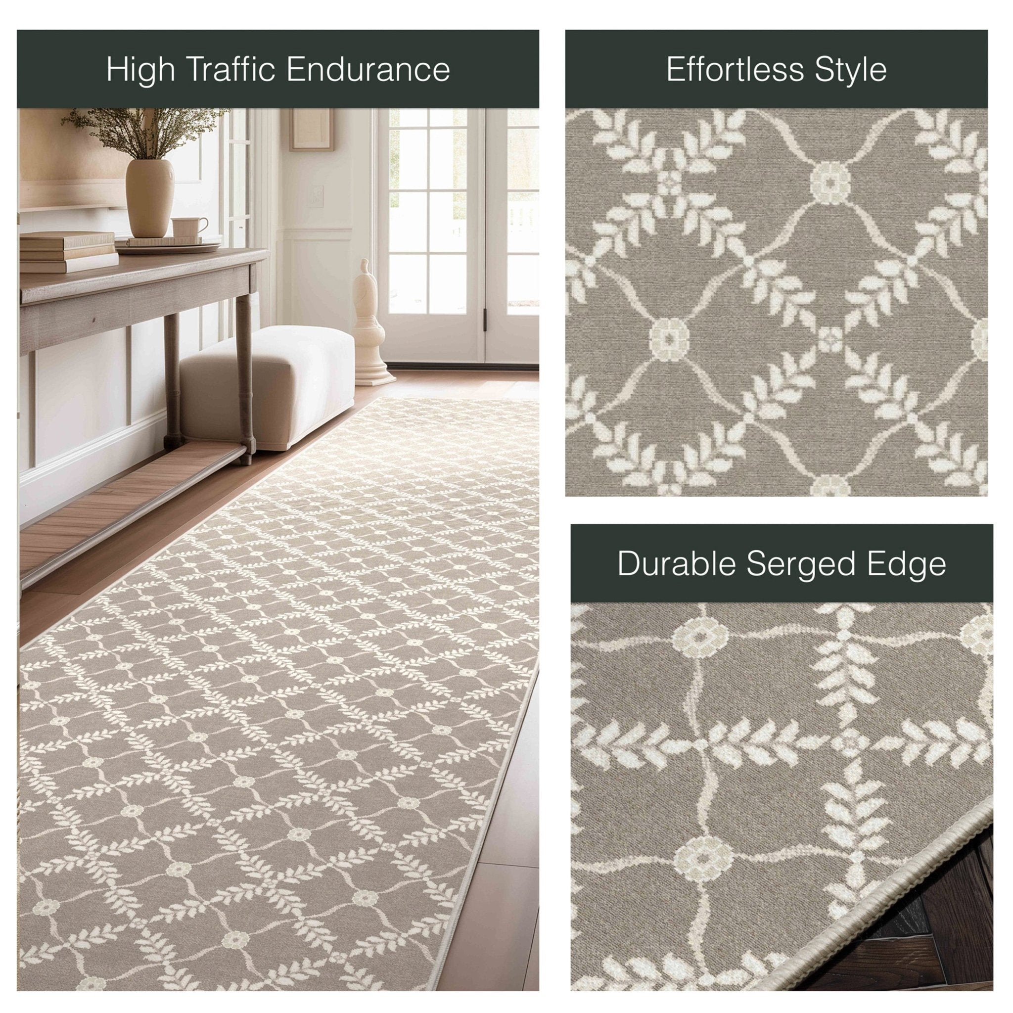 Well Woven - Aldwyn Beige Custom Rug - details of the features and geometric lattice rug pattern