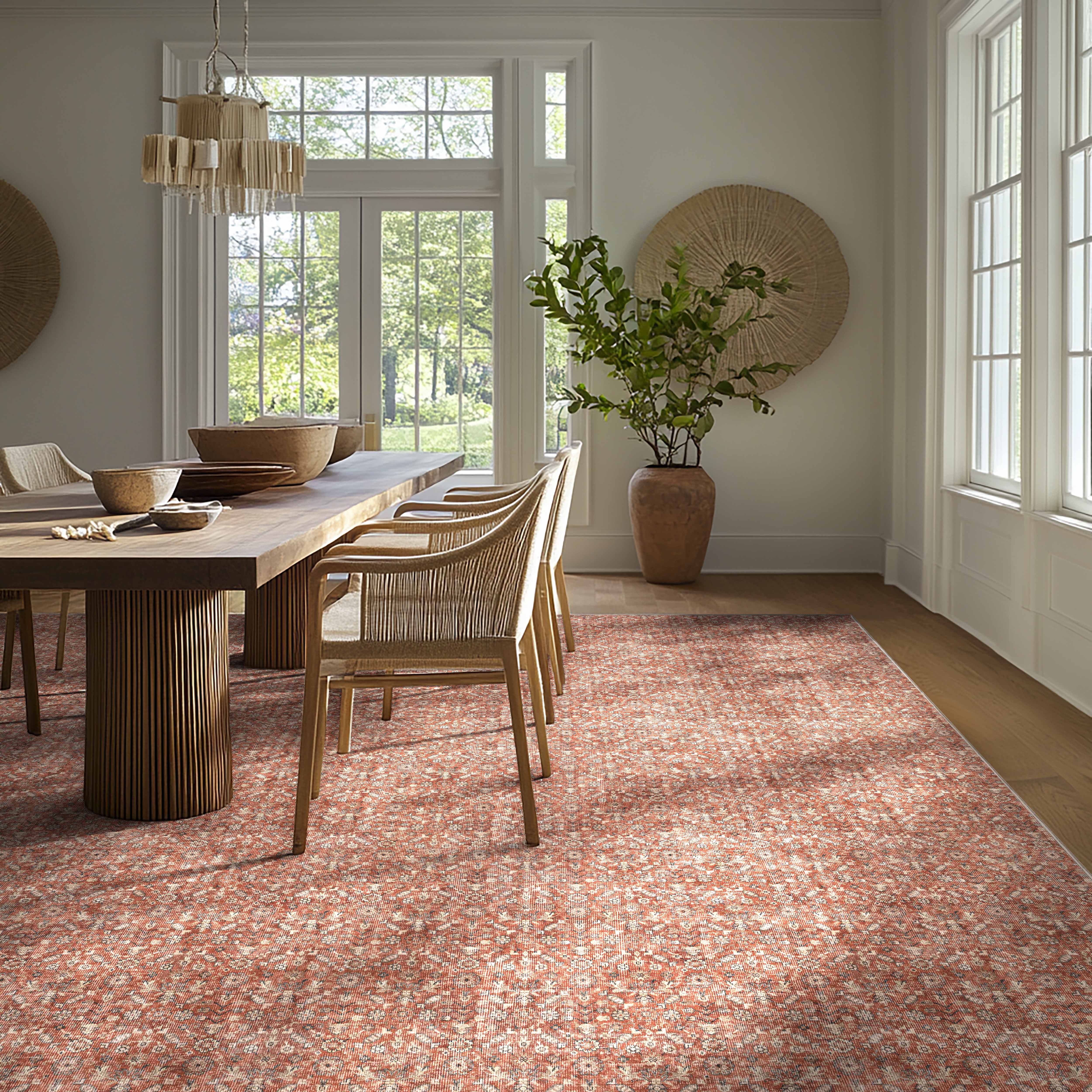Dining room with a long wooden table and chairs, large windows, and a decorative red floral rug (the Apollo Hilda)