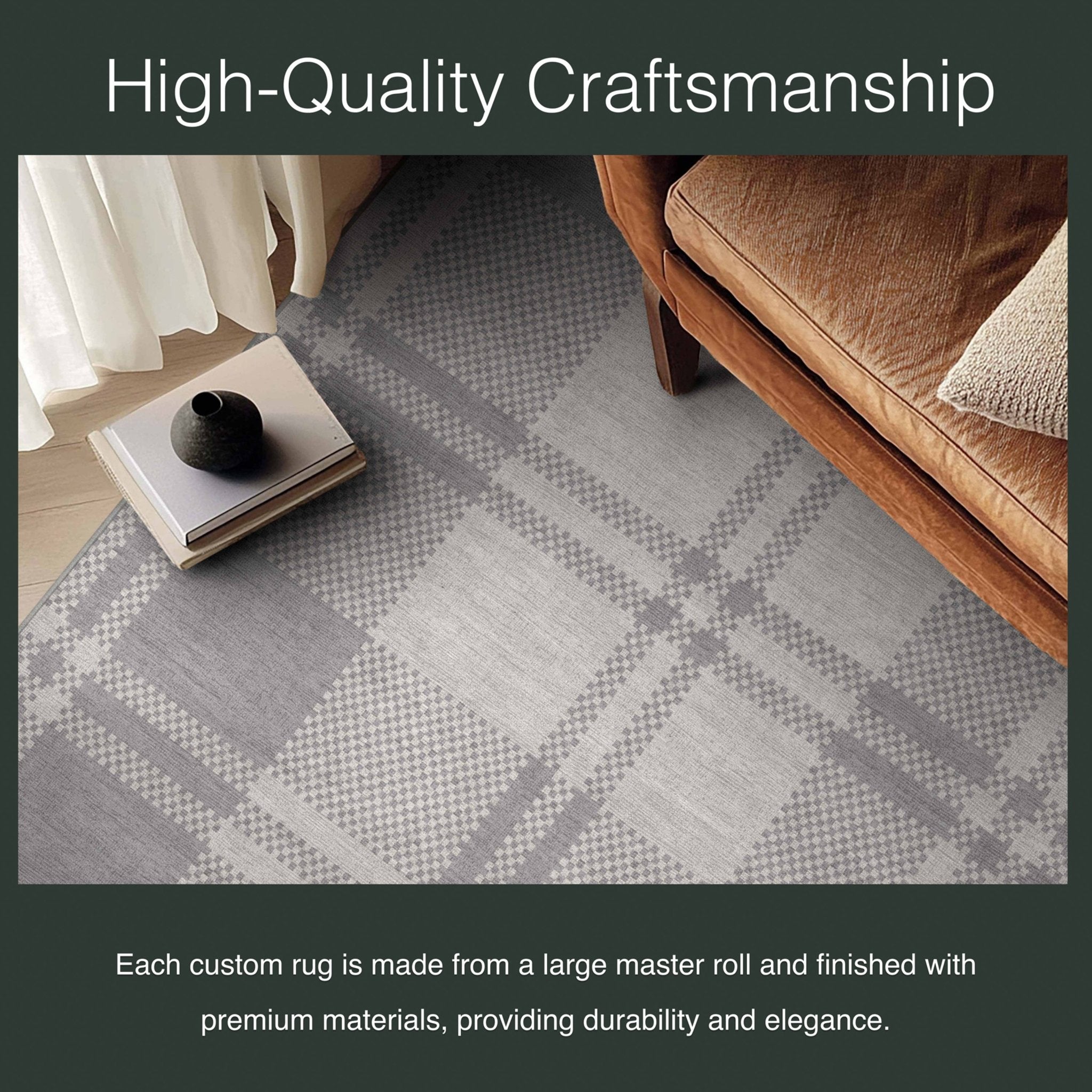 Oswald Custom Rug - Well Woven - Grey plaid rug in a living room with a leather sofa