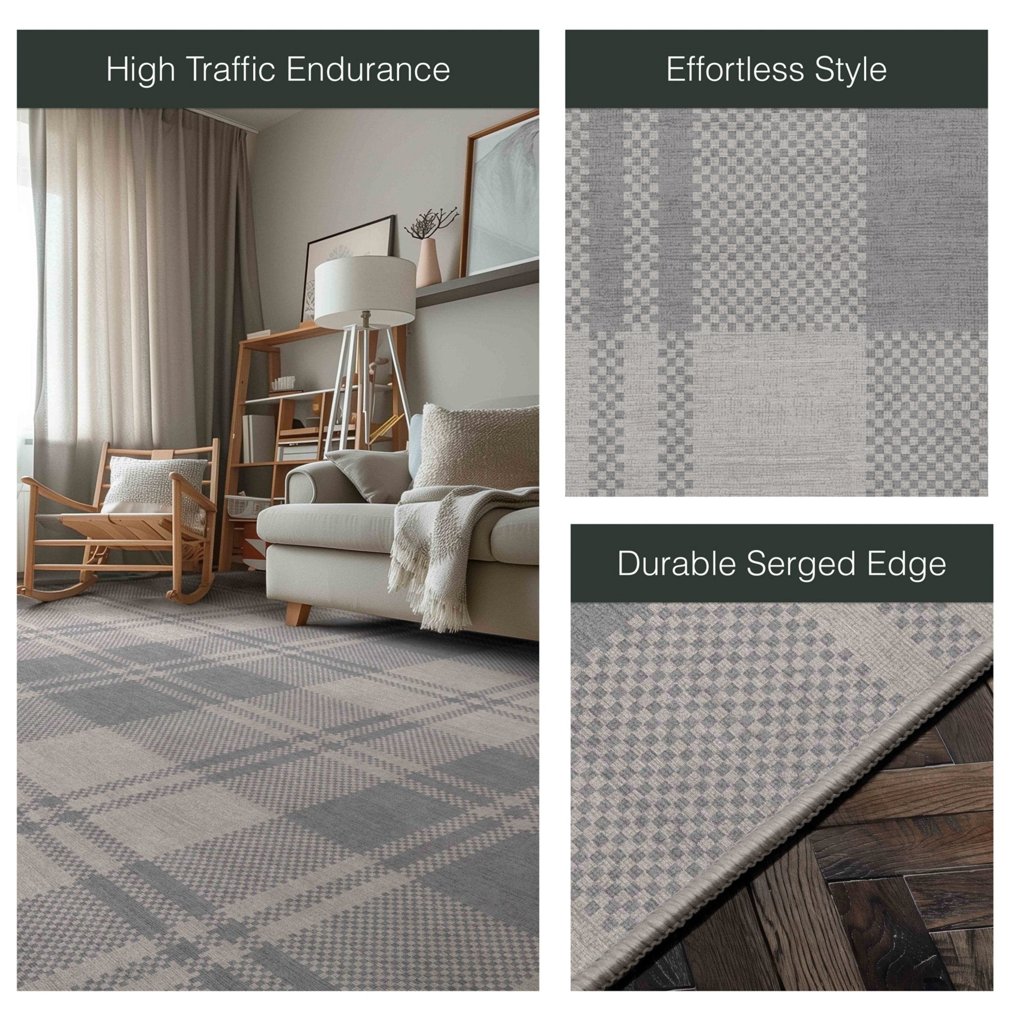 Oswald Custom Rug - Well Woven - Grey plaid patterned rug with a grey couch