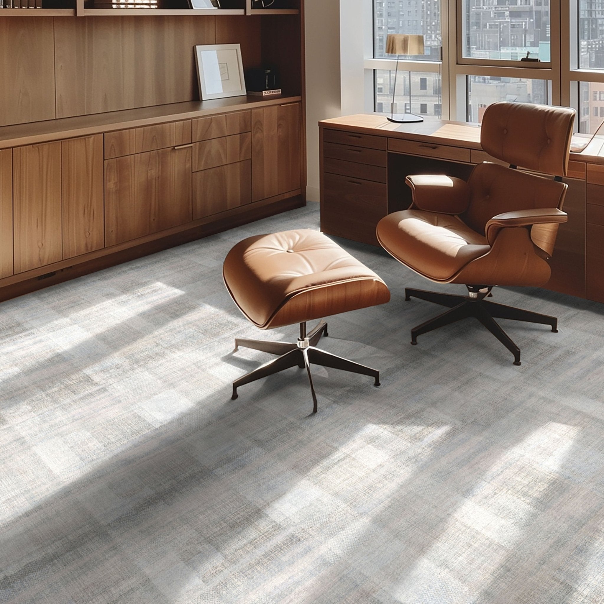 Well Woven - Penda Custom Rug - Cream and Light Grey rug in a study area