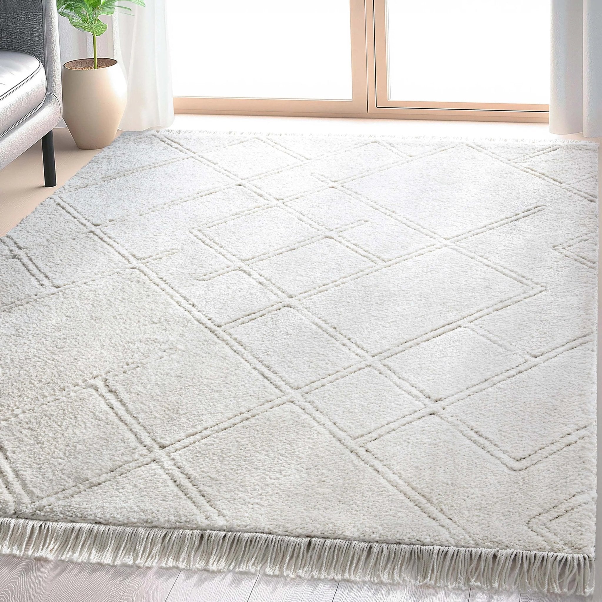 Firth Moroccan Trellis Textured Ivory Ultra Soft High-Low Shag Rug Well Woven