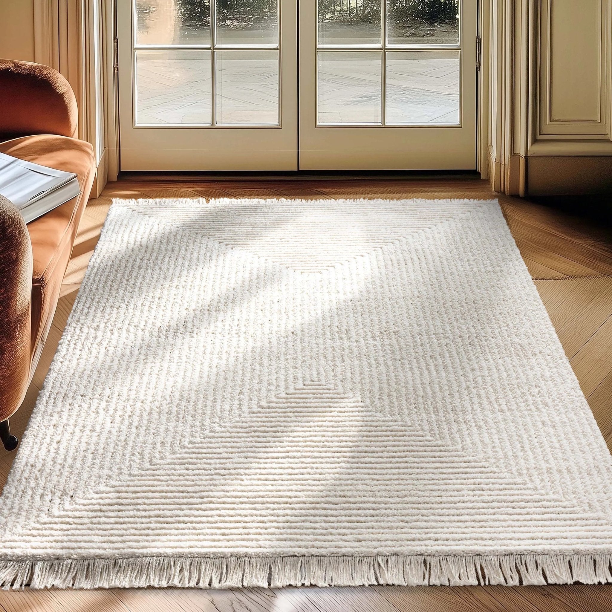 Monroe Solid & Striped Textured Ivory Ultra Soft High-Low Shag Rug Well Woven