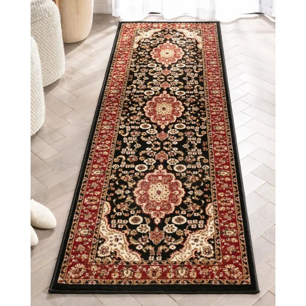 Medallion Kashan Black Traditional Rug Well Woven
