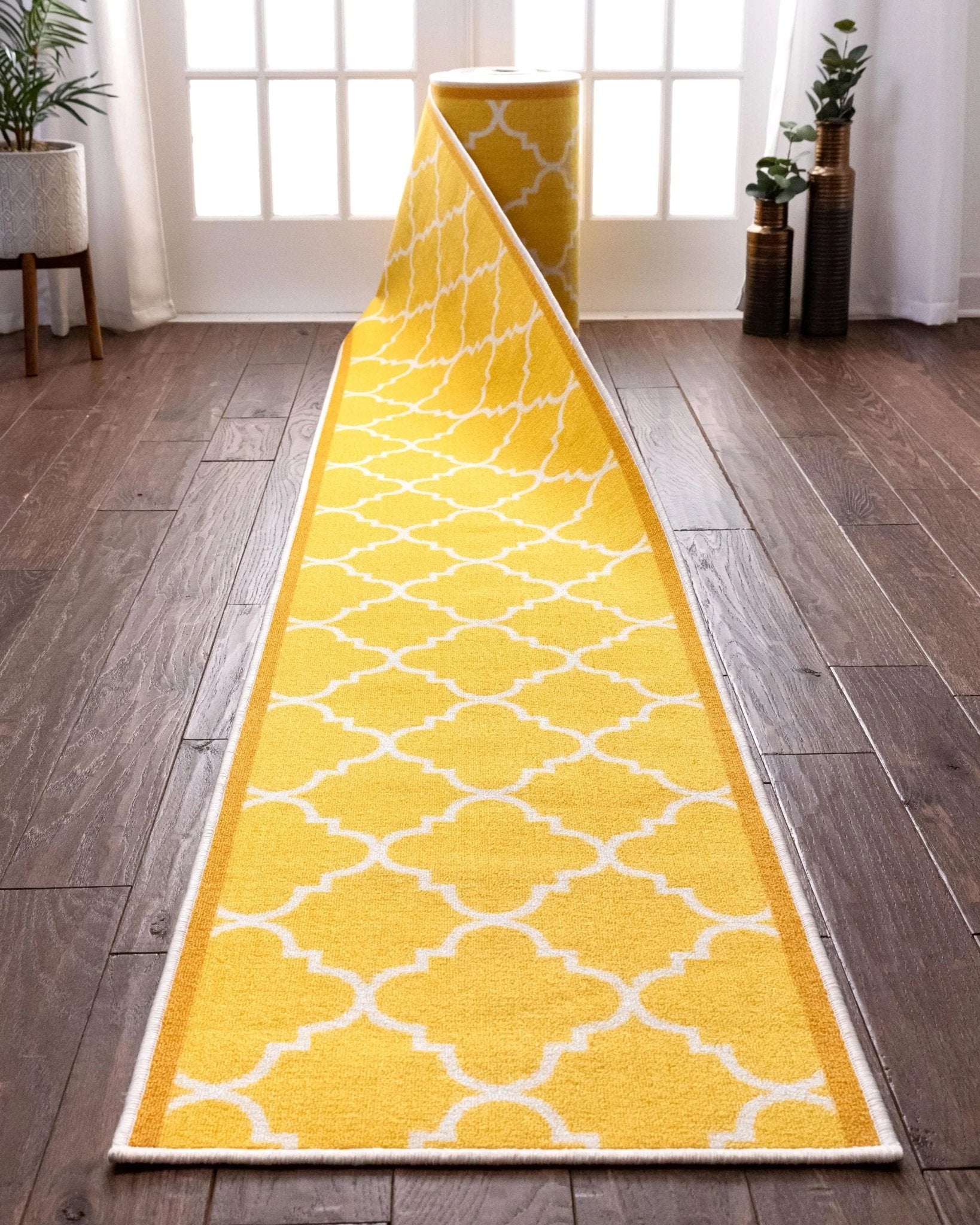 Brooklyn Trellis Custom Size Runner Modern Gold Select Your Width x Choose Your Length Machine Washable Hallway Runner Rug Well Woven