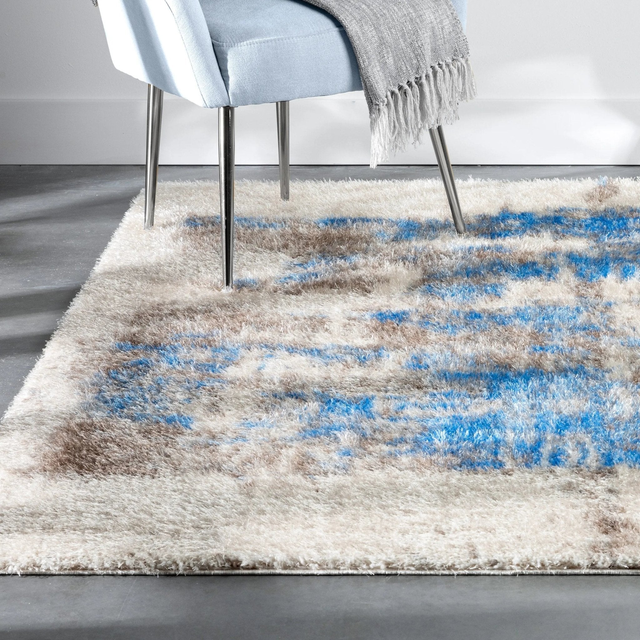 Sariah Modern Abstract Ivory Blue Shag Rug Well Woven