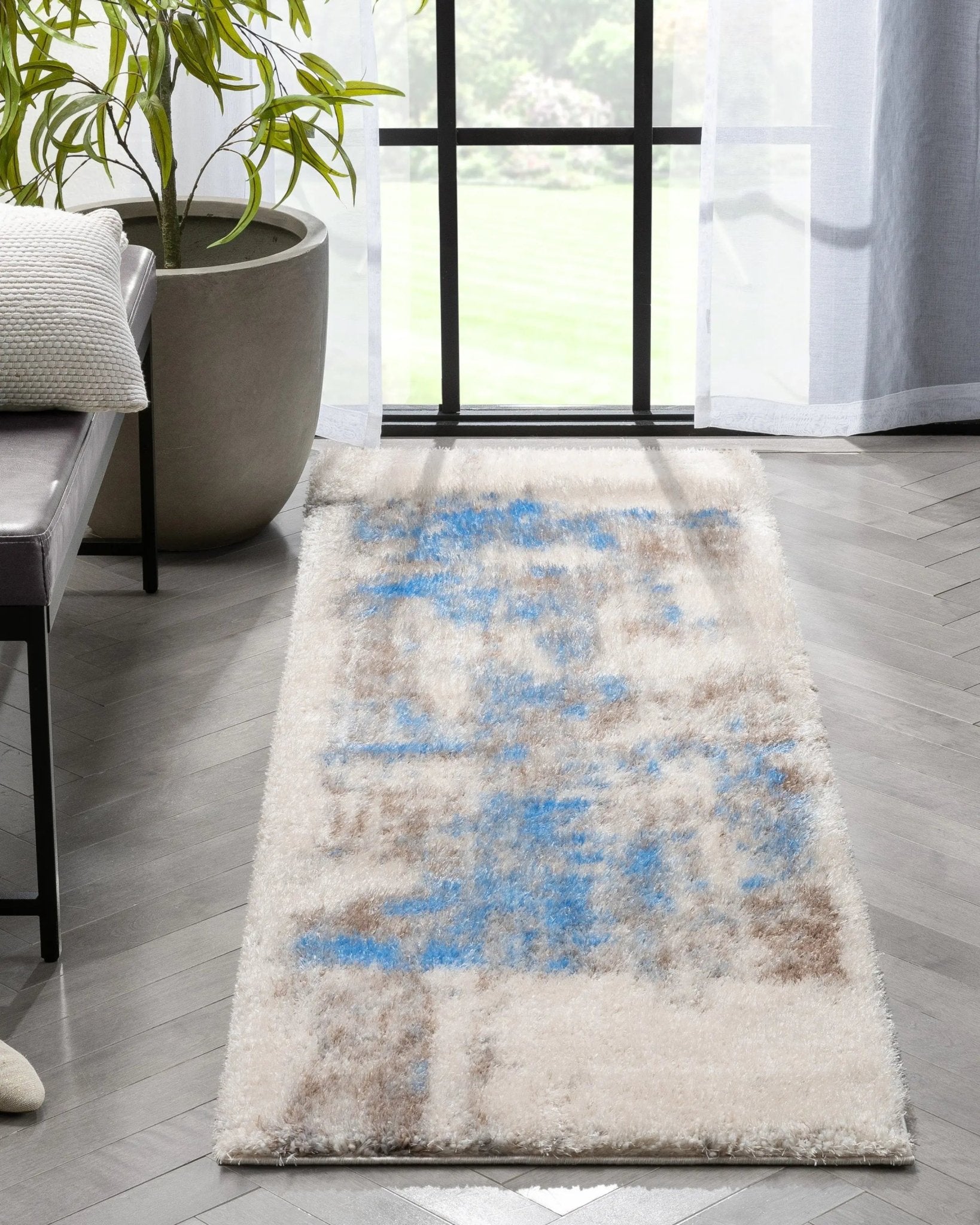 Sariah Modern Abstract Ivory Blue Shag Rug Well Woven