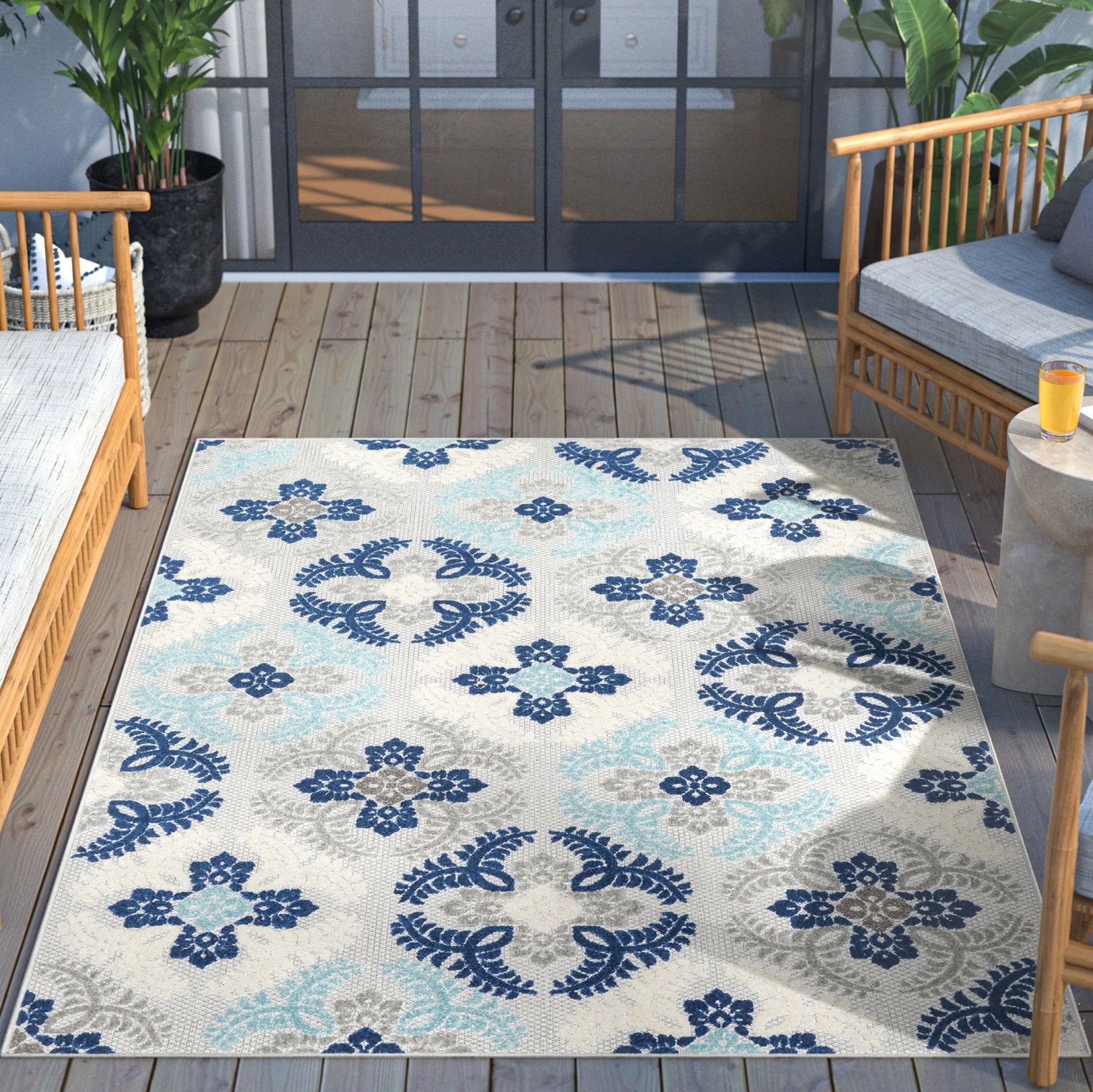 Loewy Modern Geometric Indoor/Outdoor Blue High-Low Rug Well Woven