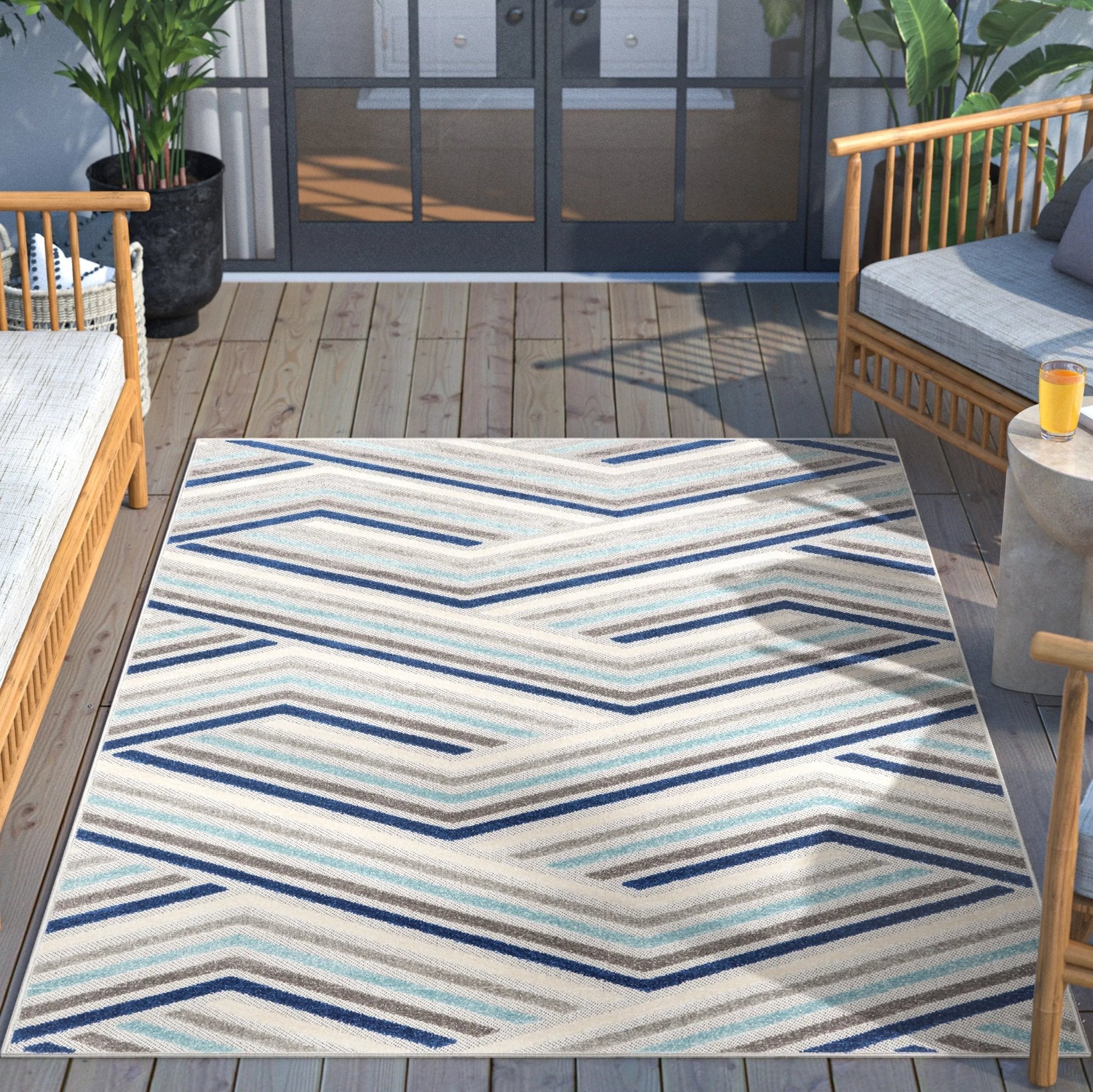 Neema Modern Chevron Striped Indoor/Outdoor Grey Blue High-Low Rug Well Woven