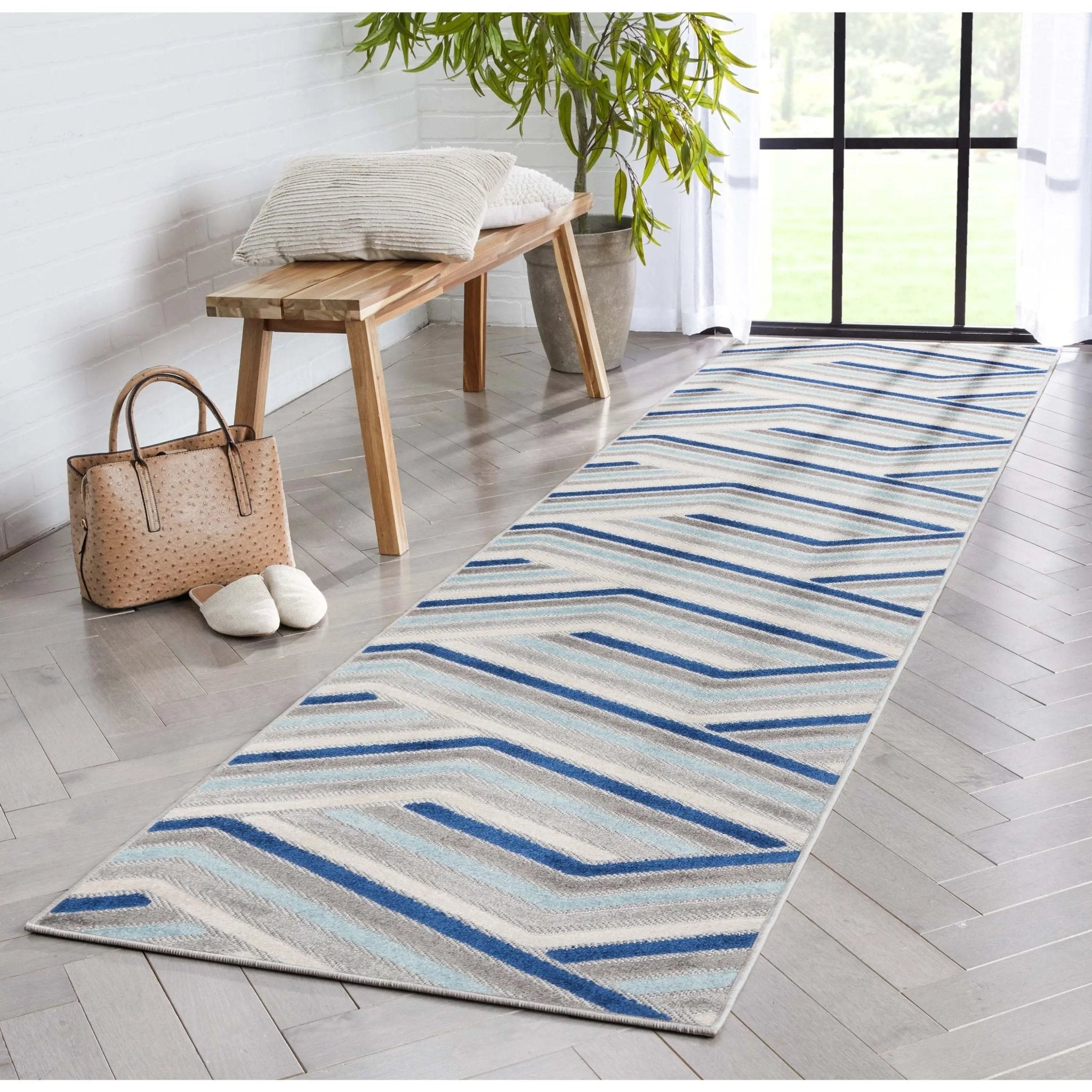 Neema Modern Chevron Striped Indoor/Outdoor Grey Blue High-Low Rug Well Woven