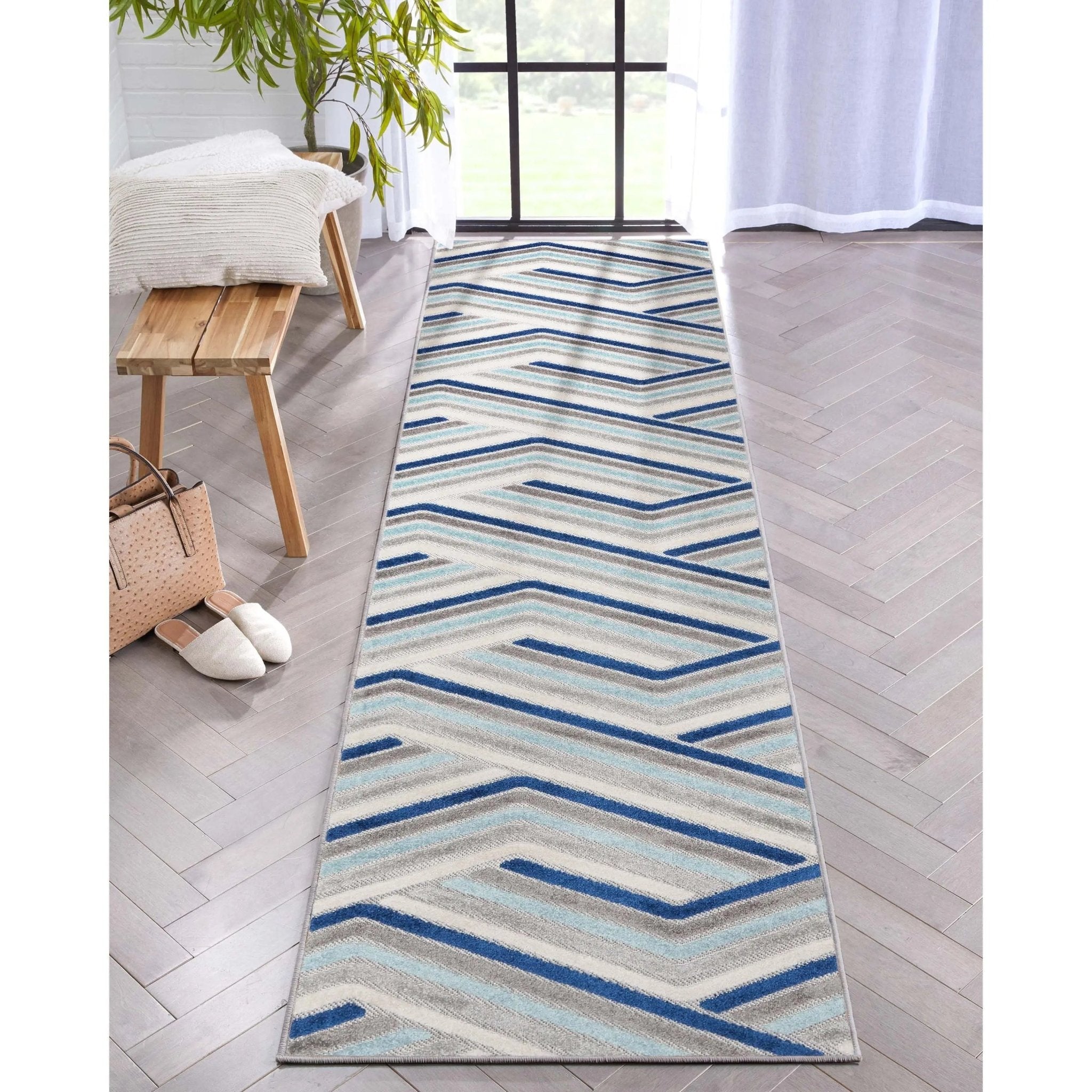 Neema Modern Chevron Striped Indoor/Outdoor Grey Blue High-Low Rug Well Woven